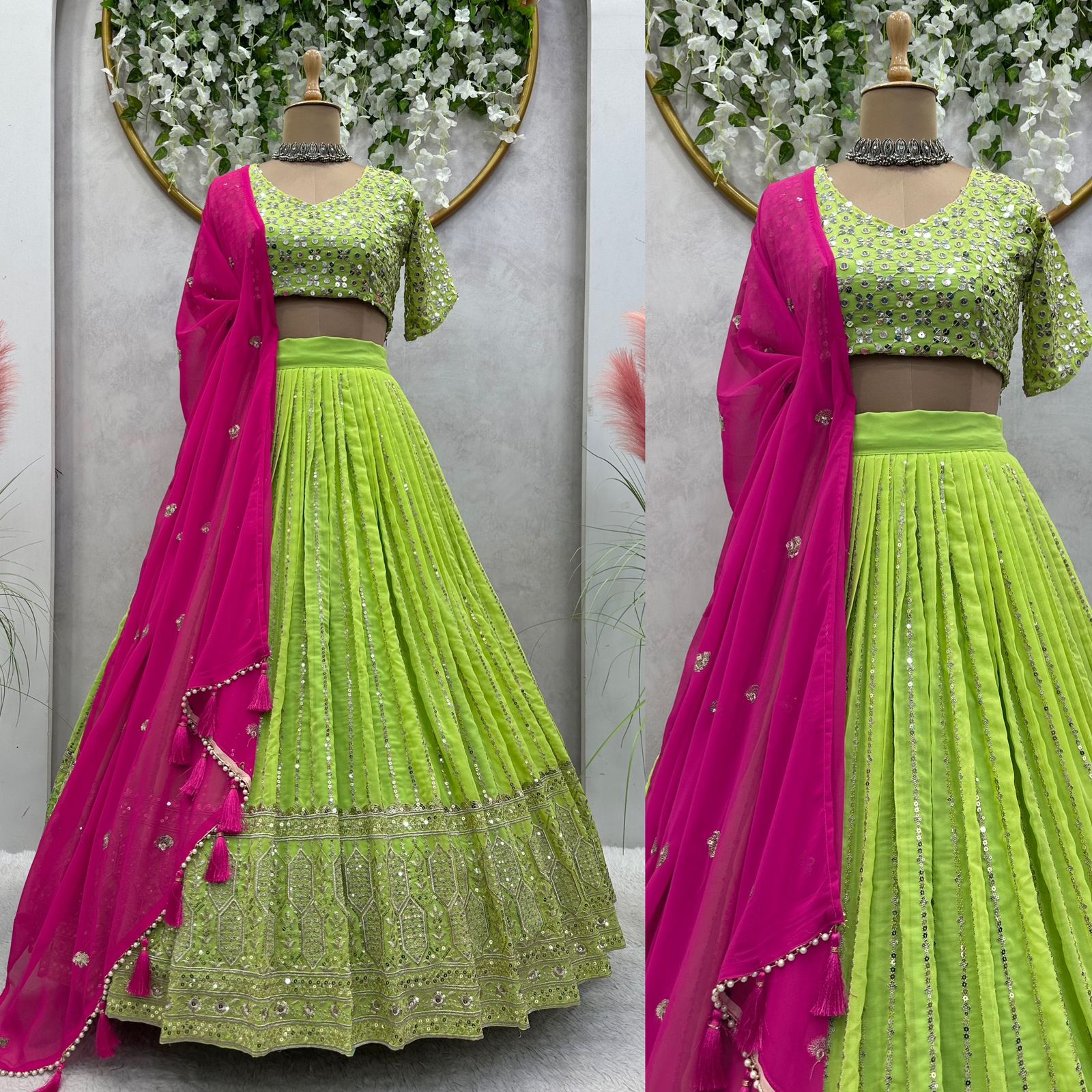 Traditional Wear Parrot Green Lehenga Choli With Pink Dupatta