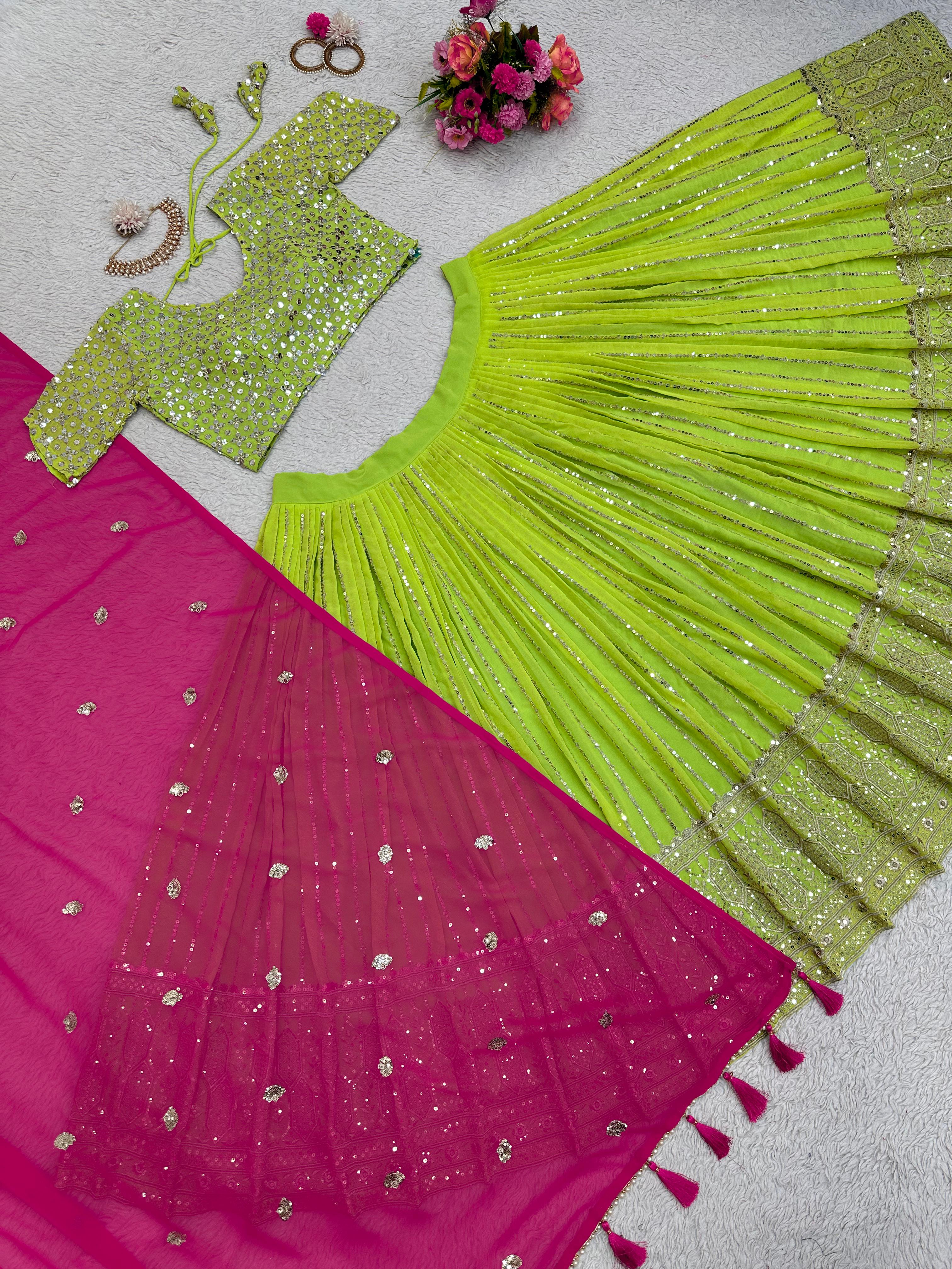 Traditional Wear Parrot Green Lehenga Choli With Pink Dupatta