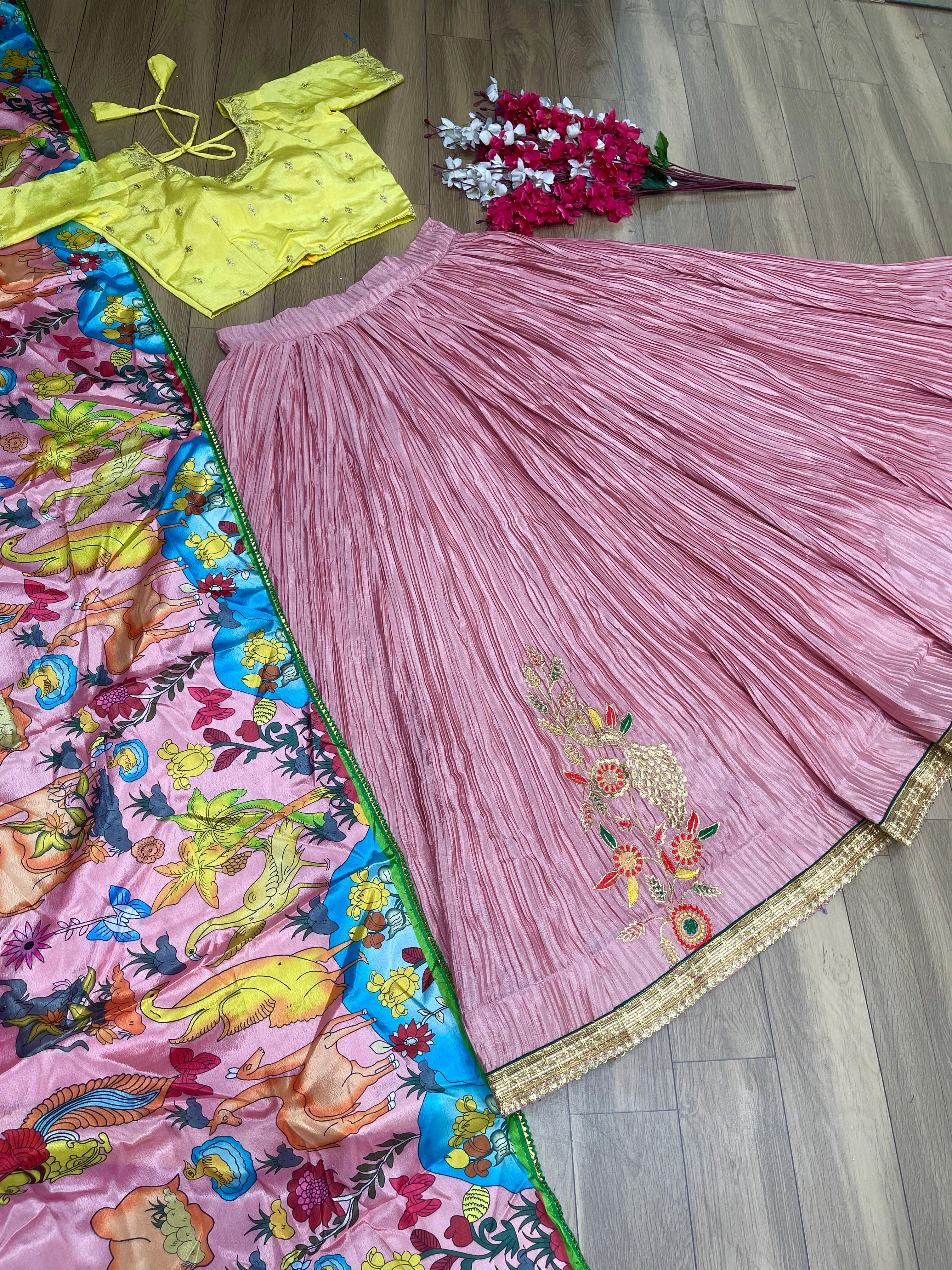 Gorgeous Pink With Yellow Crush Work Lehenga Choli