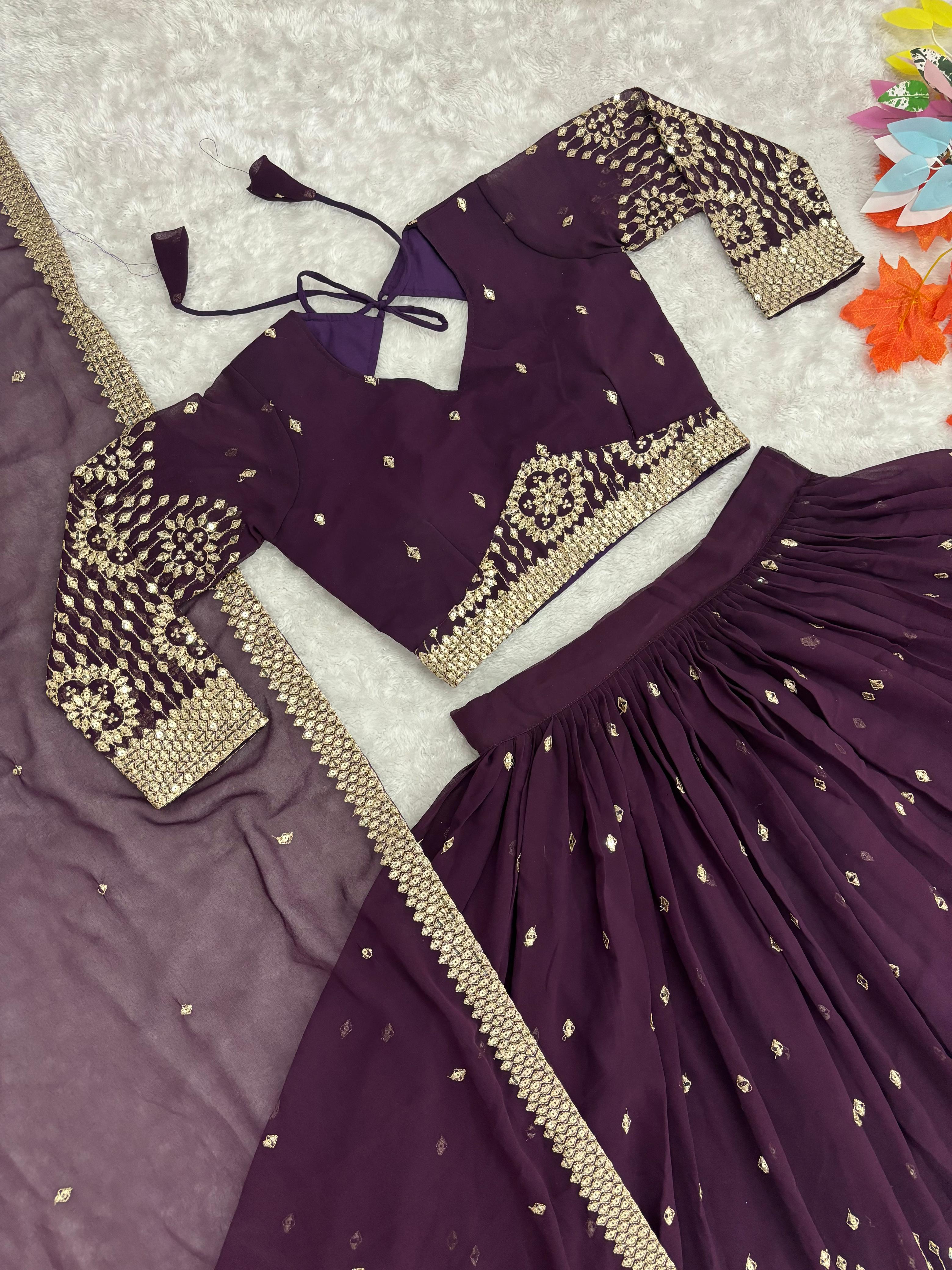 Elegant Wine Color Thread Sequence Work Lehenga Choli