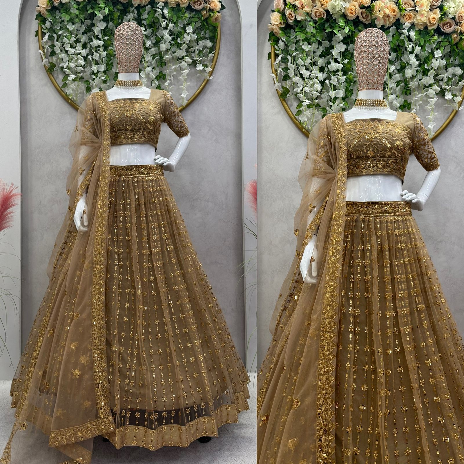 Admiring Beige Color Work Butterfly Net Lehenga Choli