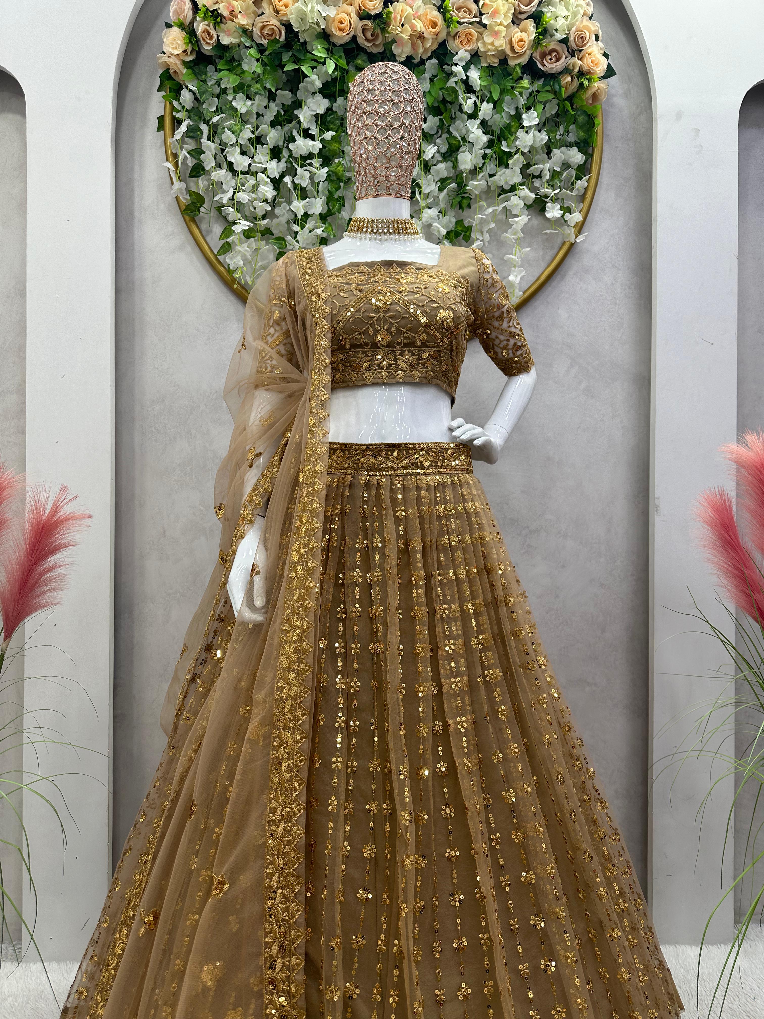 Admiring Beige Color Work Butterfly Net Lehenga Choli