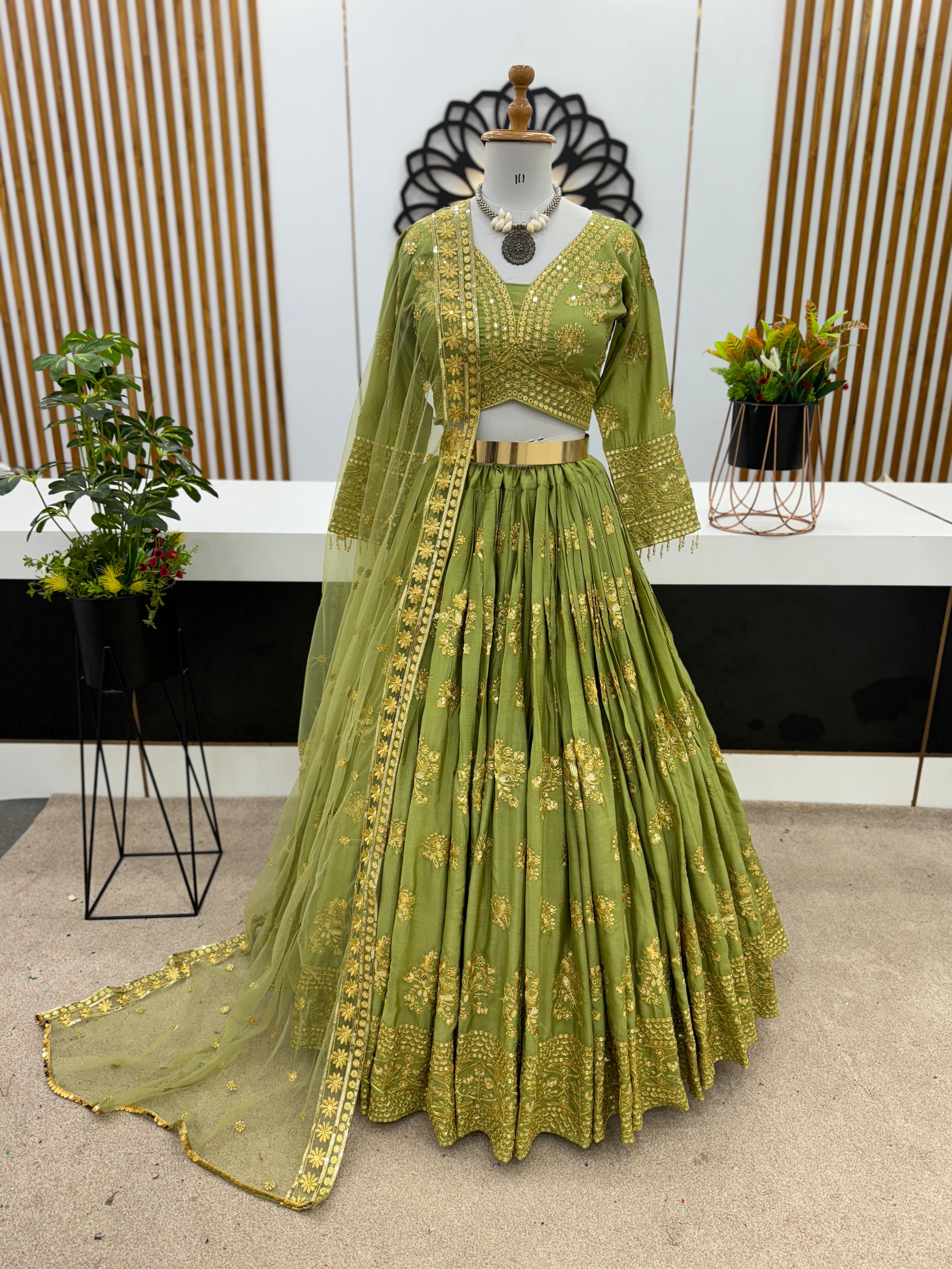 Wedding Wear Sequence Work Green Lehenga Choli