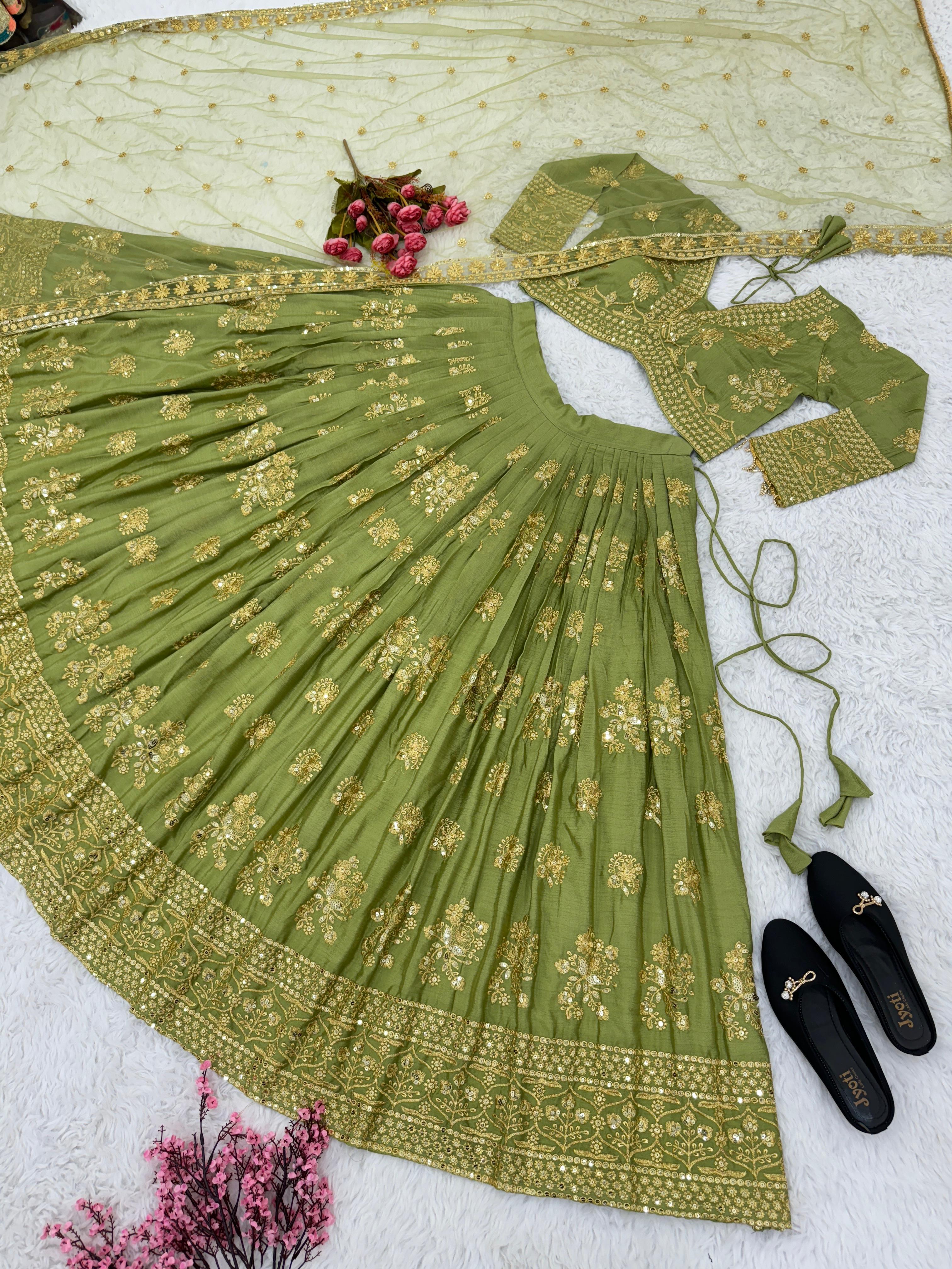 Wedding Wear Sequence Work Green Lehenga Choli