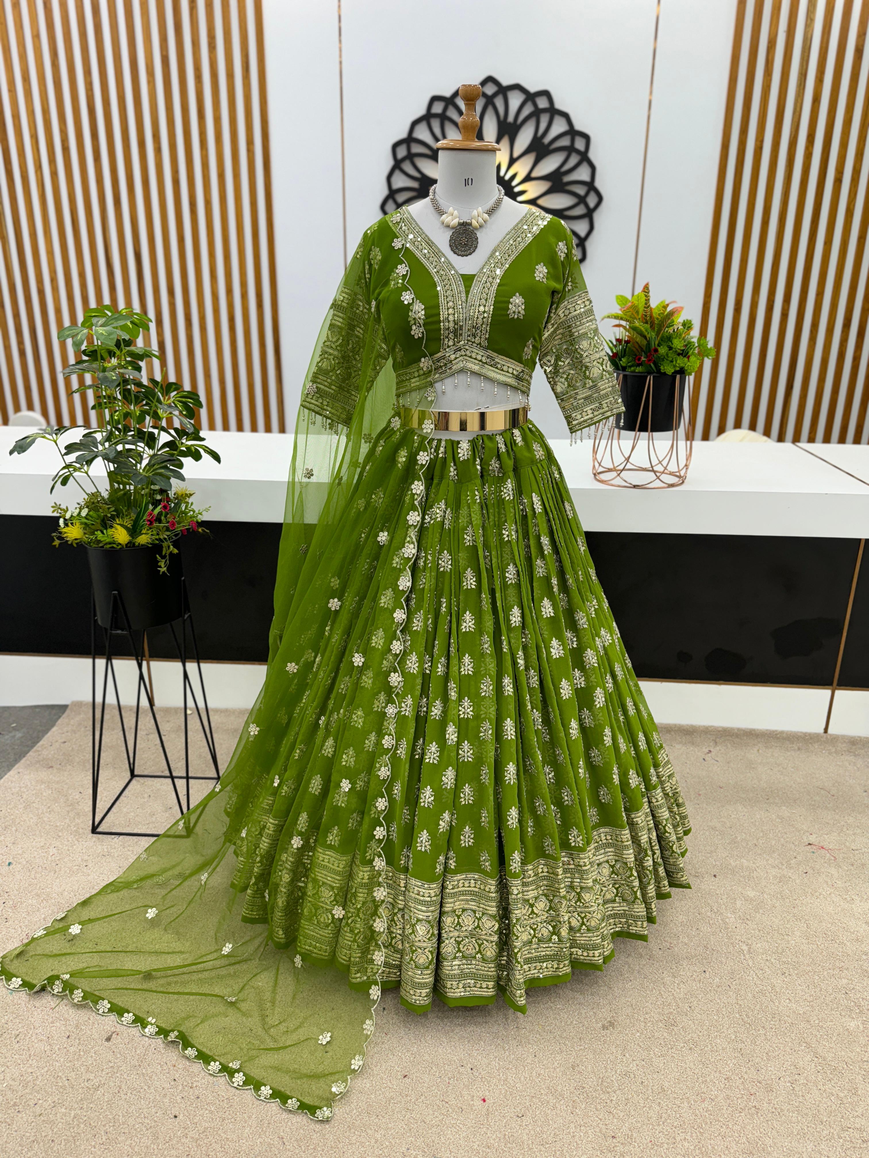 Green Mehendi Ceremony Sequence Work Lehenga Choli