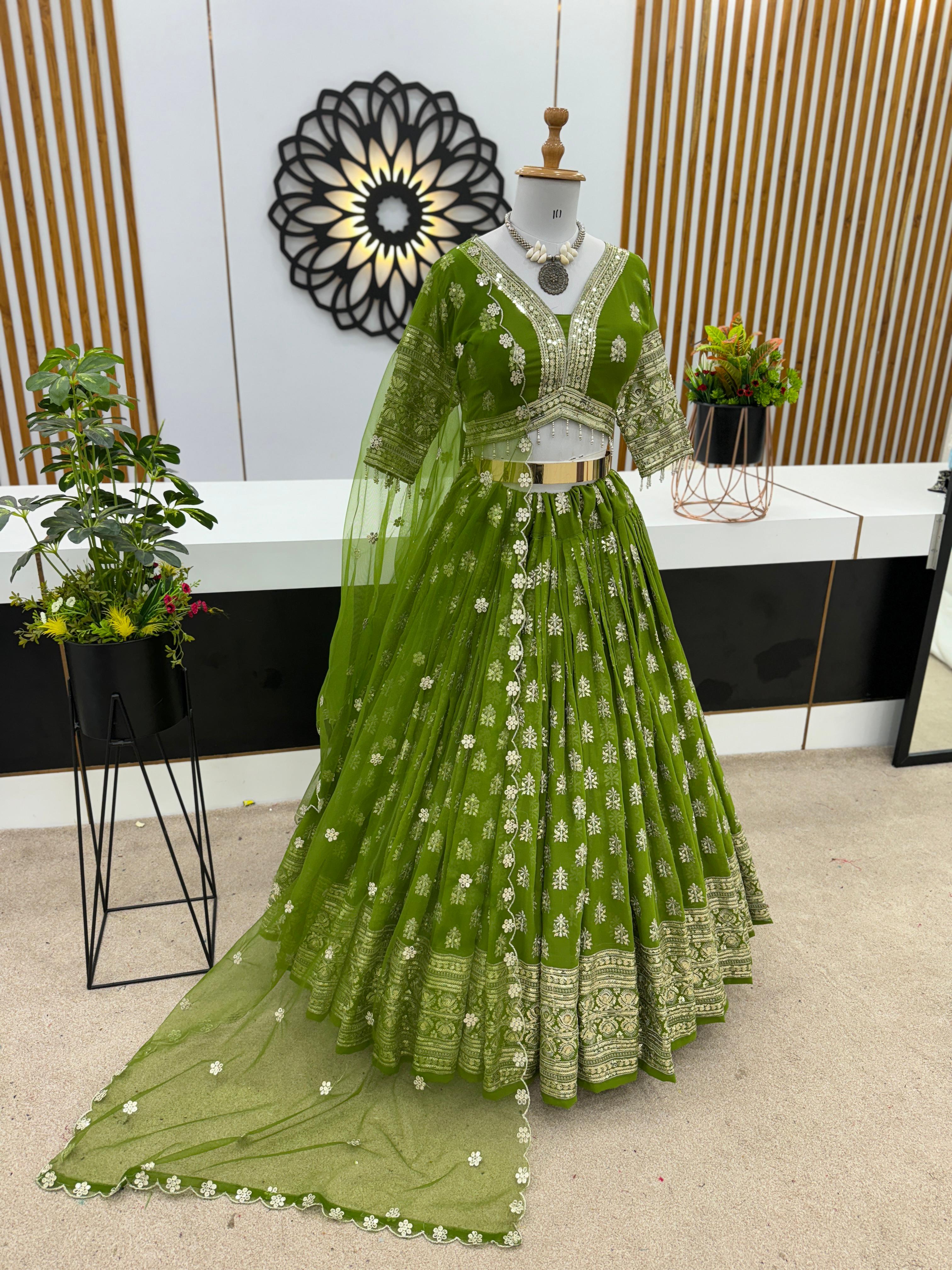 Green Mehendi Ceremony Sequence Work Lehenga Choli