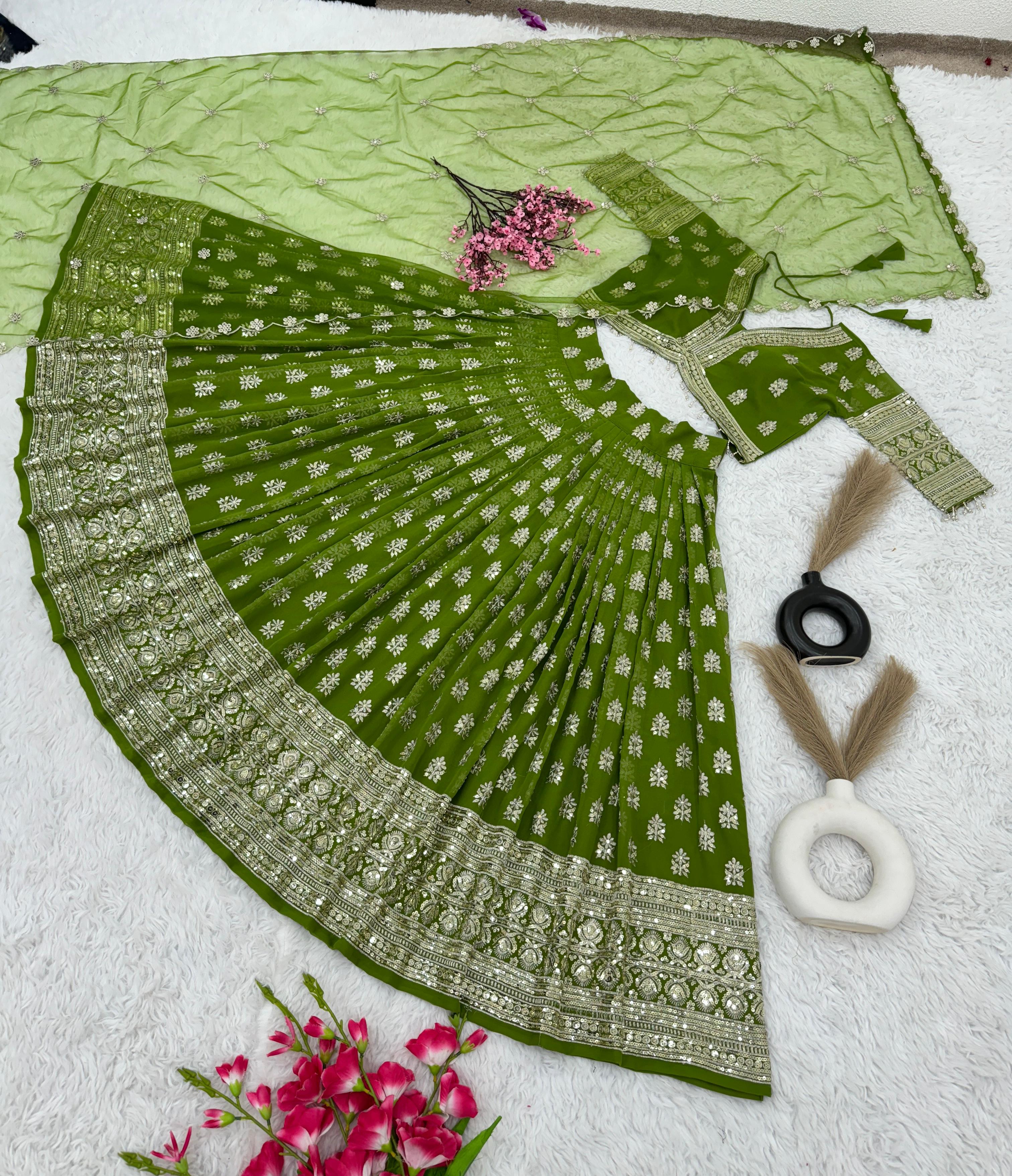 Green Mehendi Ceremony Sequence Work Lehenga Choli