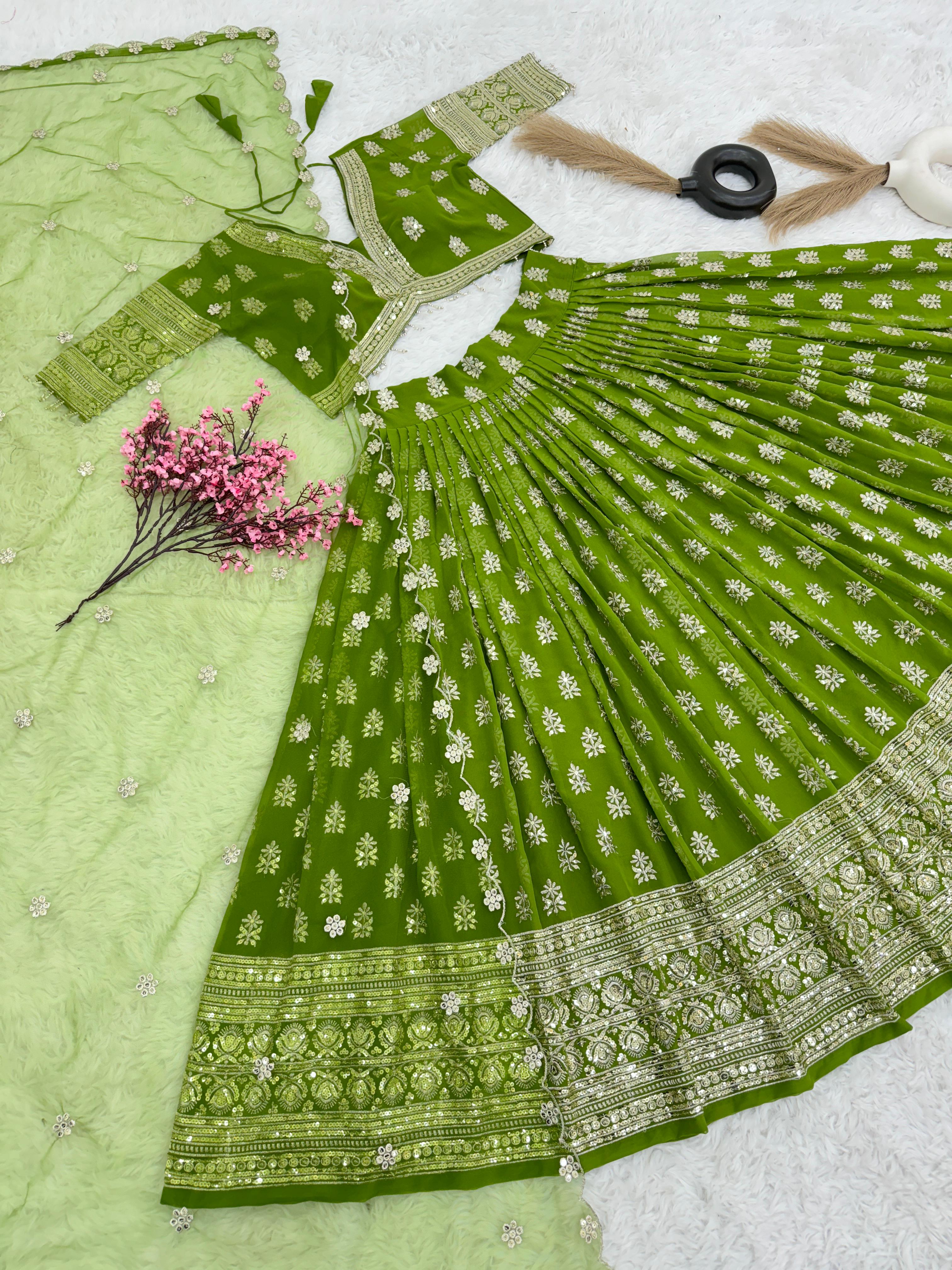 Green Mehendi Ceremony Sequence Work Lehenga Choli