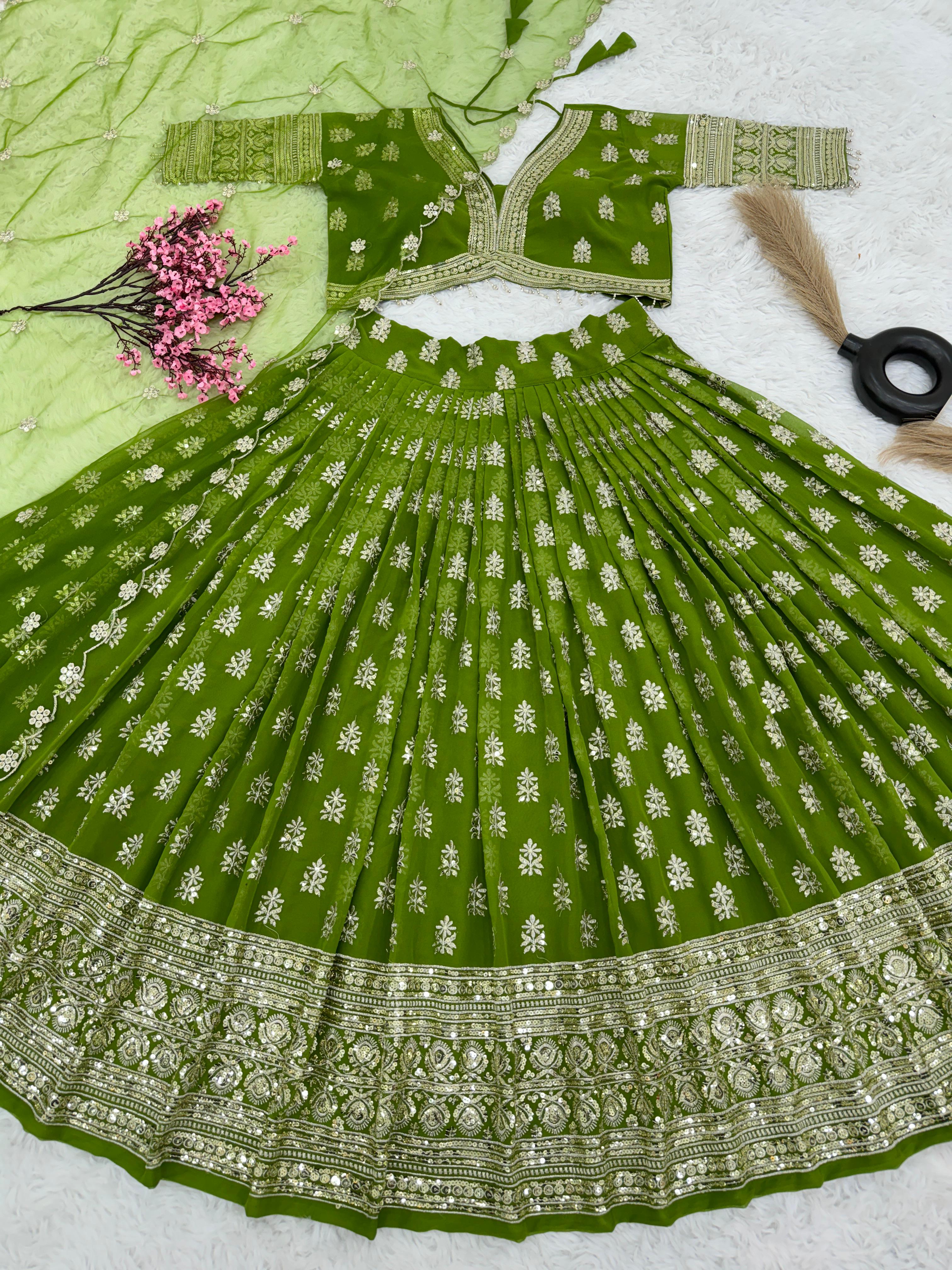 Green Mehendi Ceremony Sequence Work Lehenga Choli