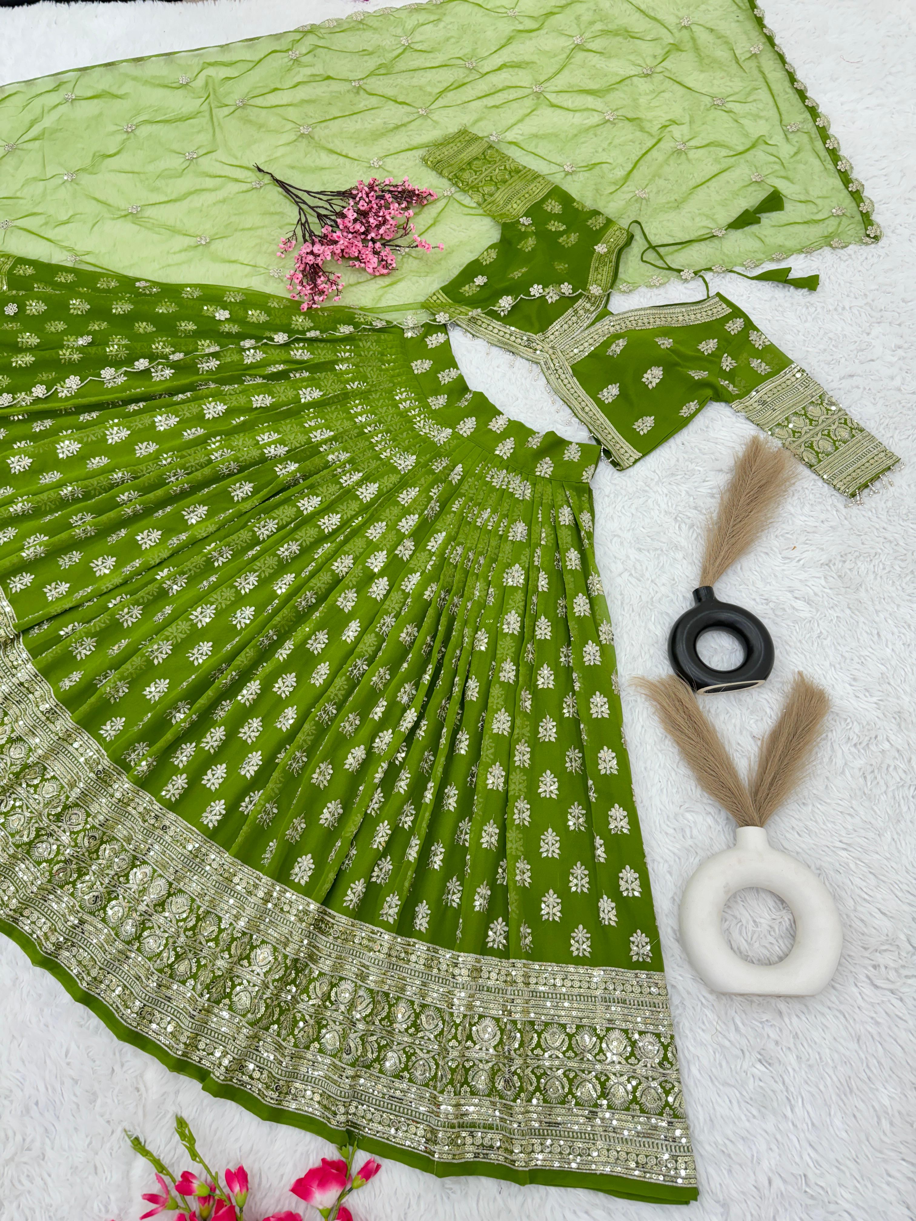 Green Mehendi Ceremony Sequence Work Lehenga Choli