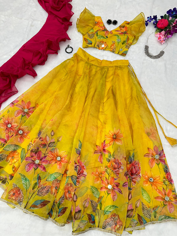 Awesome Mirror Work Yellow Color Lehenga Choli