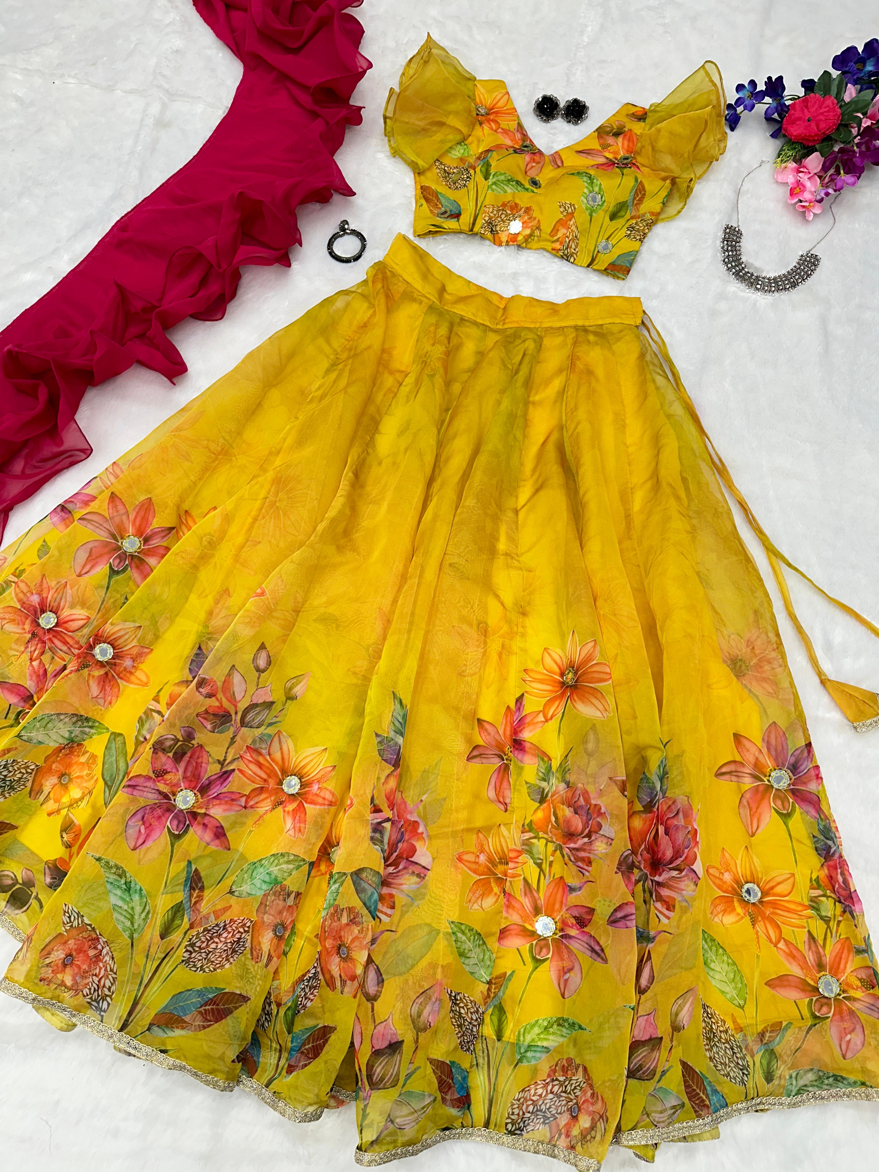 Awesome Mirror Work Yellow Color Lehenga Choli