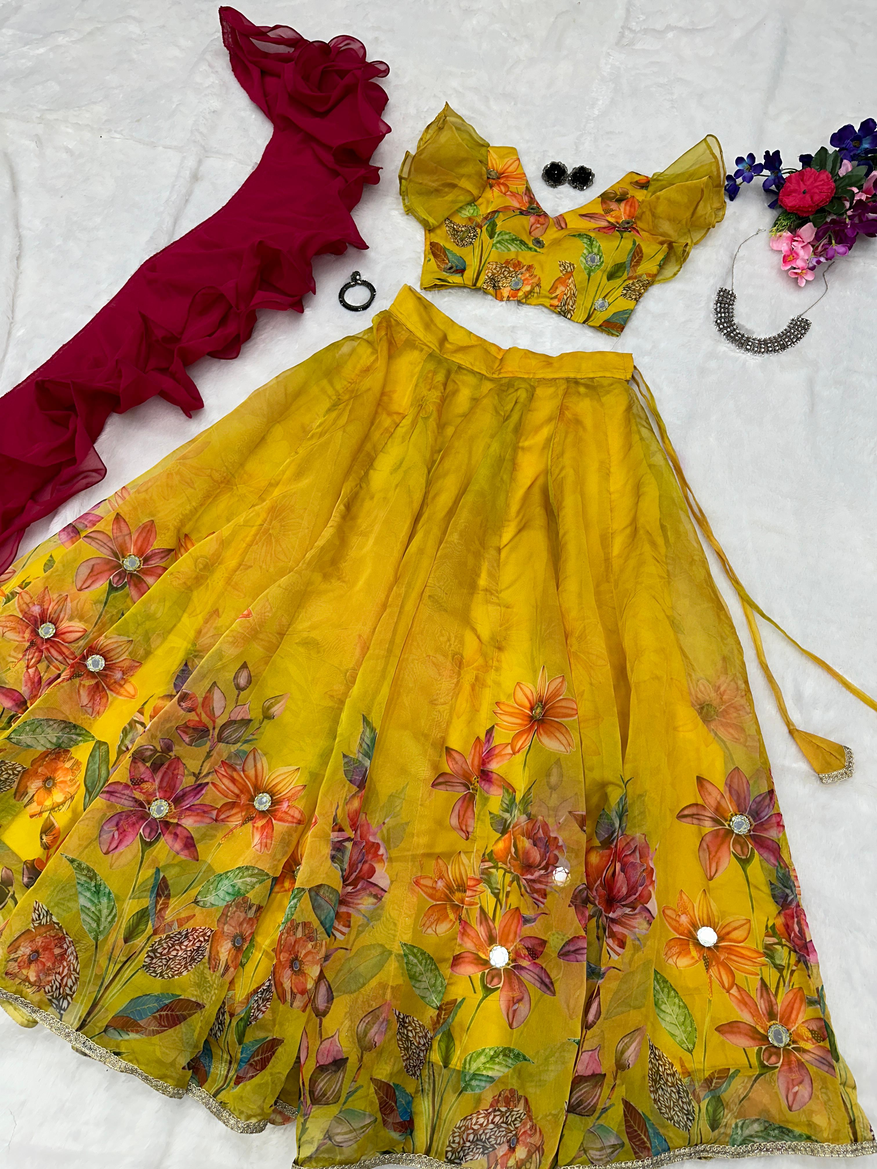 Awesome Mirror Work Yellow Color Lehenga Choli