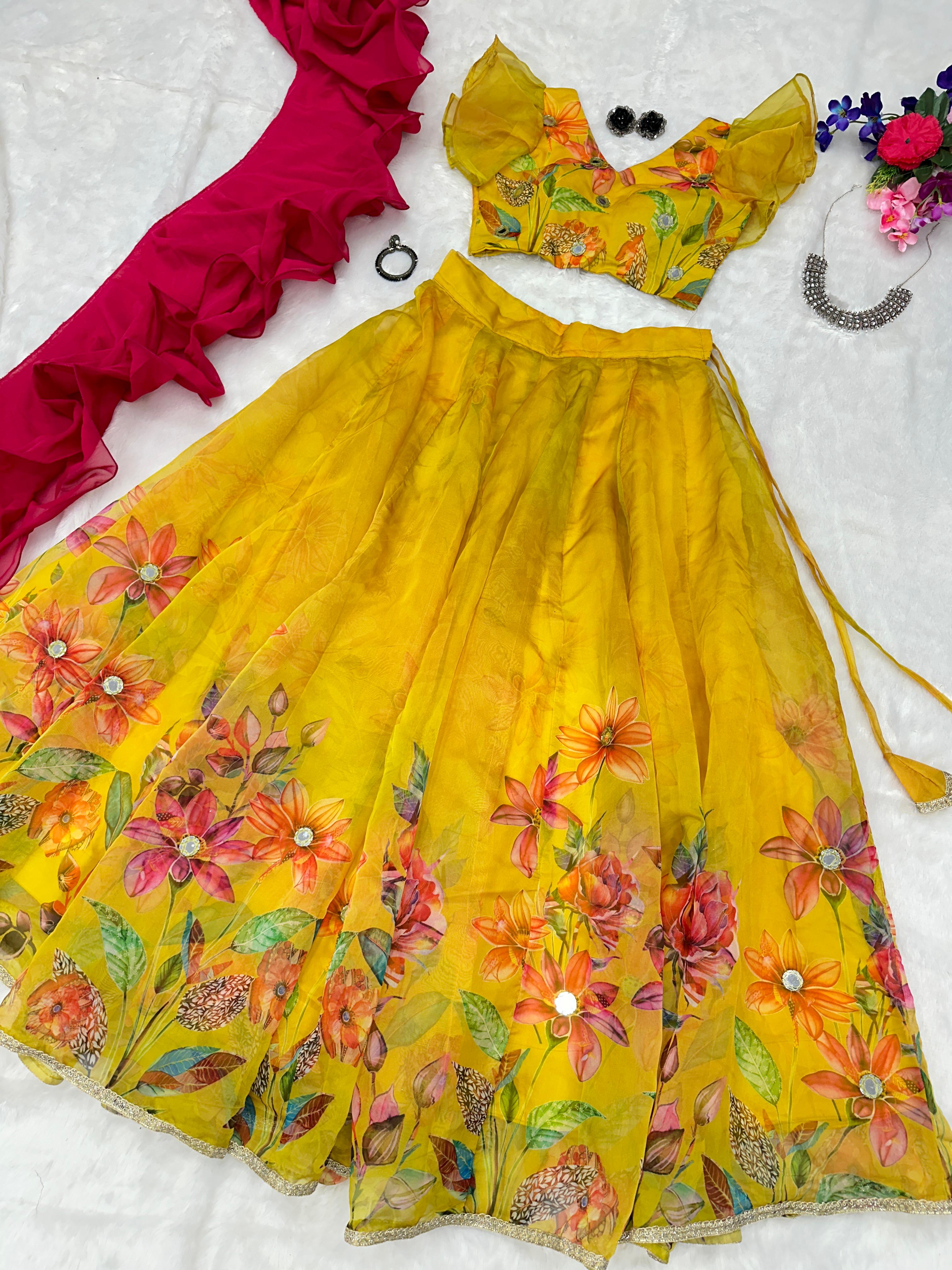 Awesome Mirror Work Yellow Color Lehenga Choli