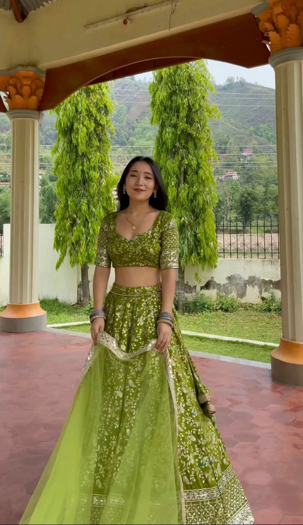 Glorious Sequence Embroidery Work Green Lehenga Choli