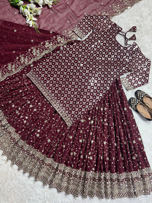 Captivating Embroidery Work Maroon Color Lehenga Suit