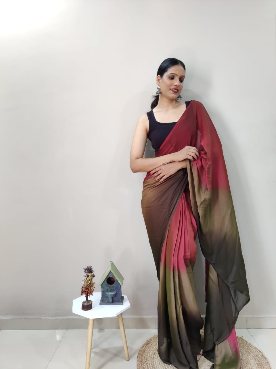 Stylish Marron With Brown Color Shade Ready To Wear Saree