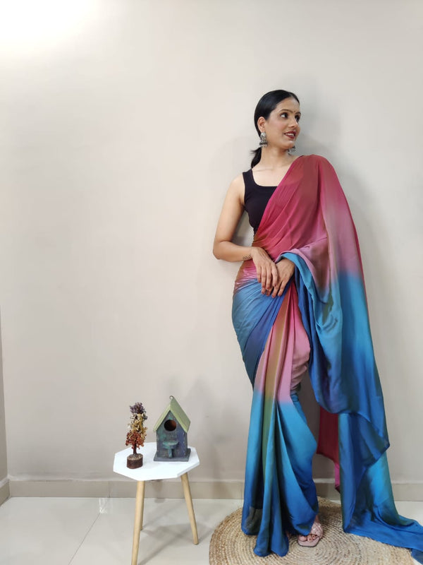 Stylish Pink With Blue Shade Ready To Wear Saree