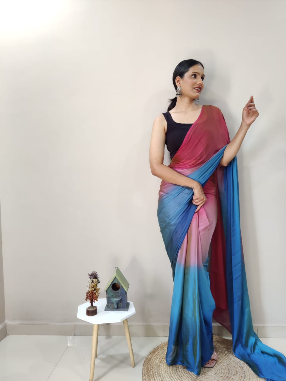 Stylish Pink With Blue Shade Ready To Wear Saree