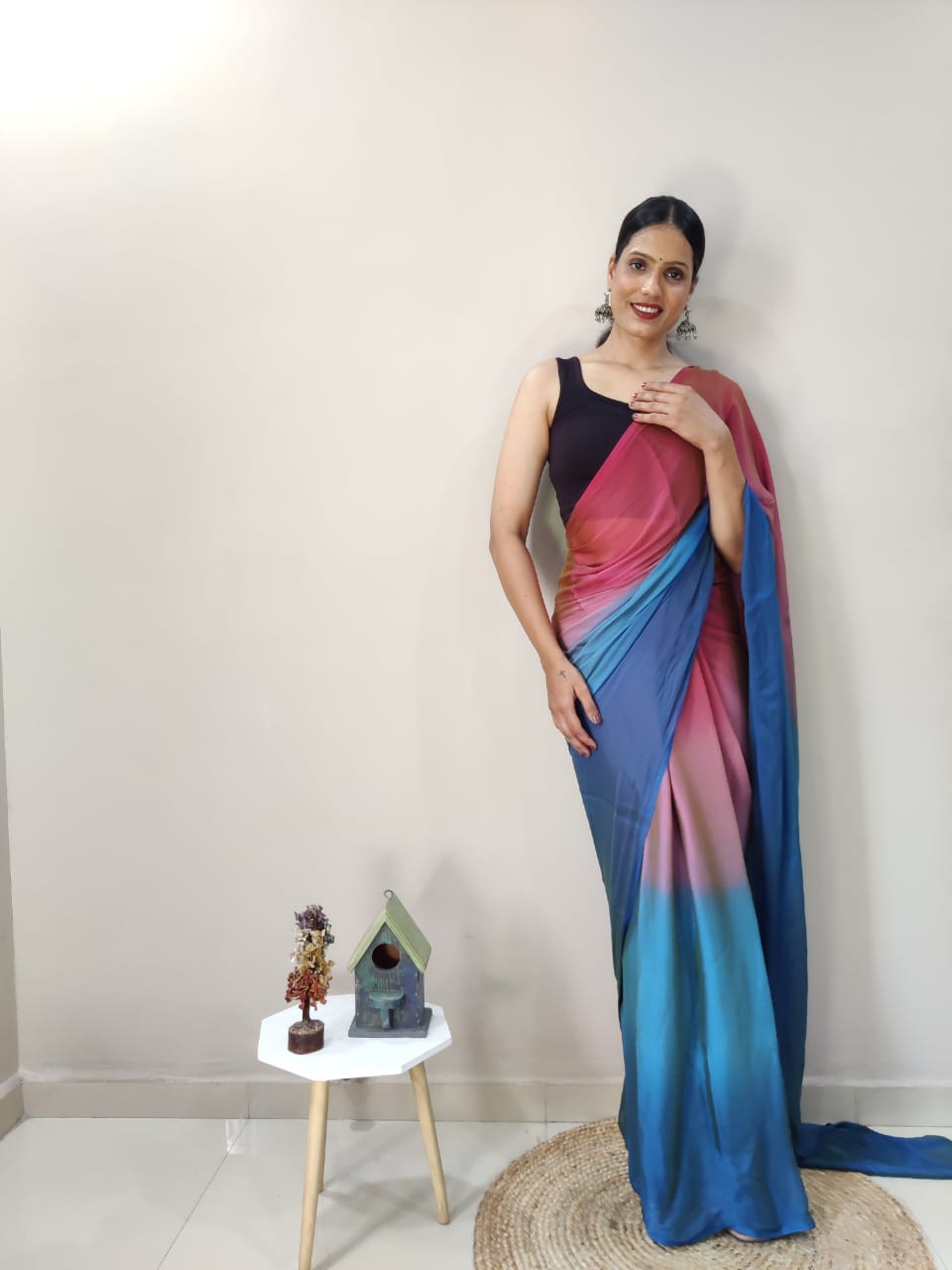 Stylish Pink With Blue Shade Ready To Wear Saree