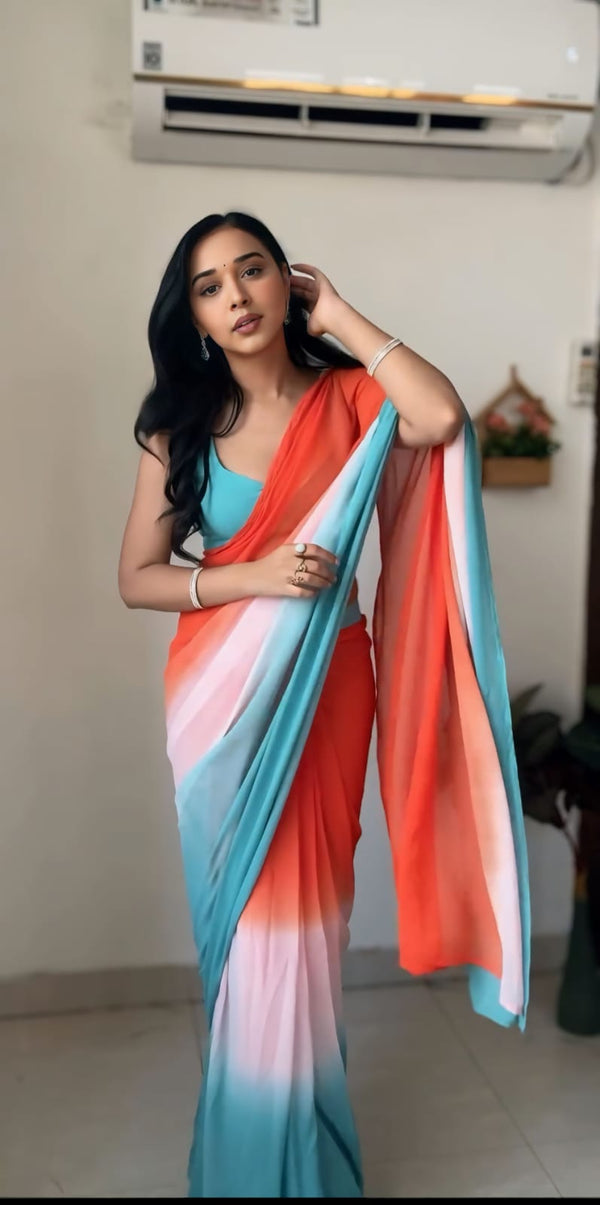 Exclusive Ready To Wear Orange With Sky Saree