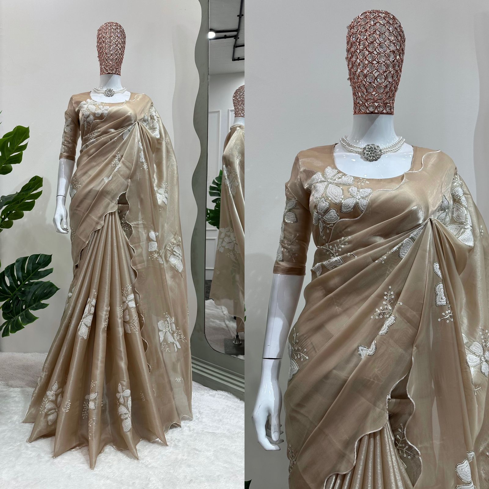 Party Wear Beige Color Sequence Work Saree