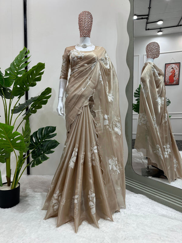 Party Wear Beige Color Sequence Work Saree