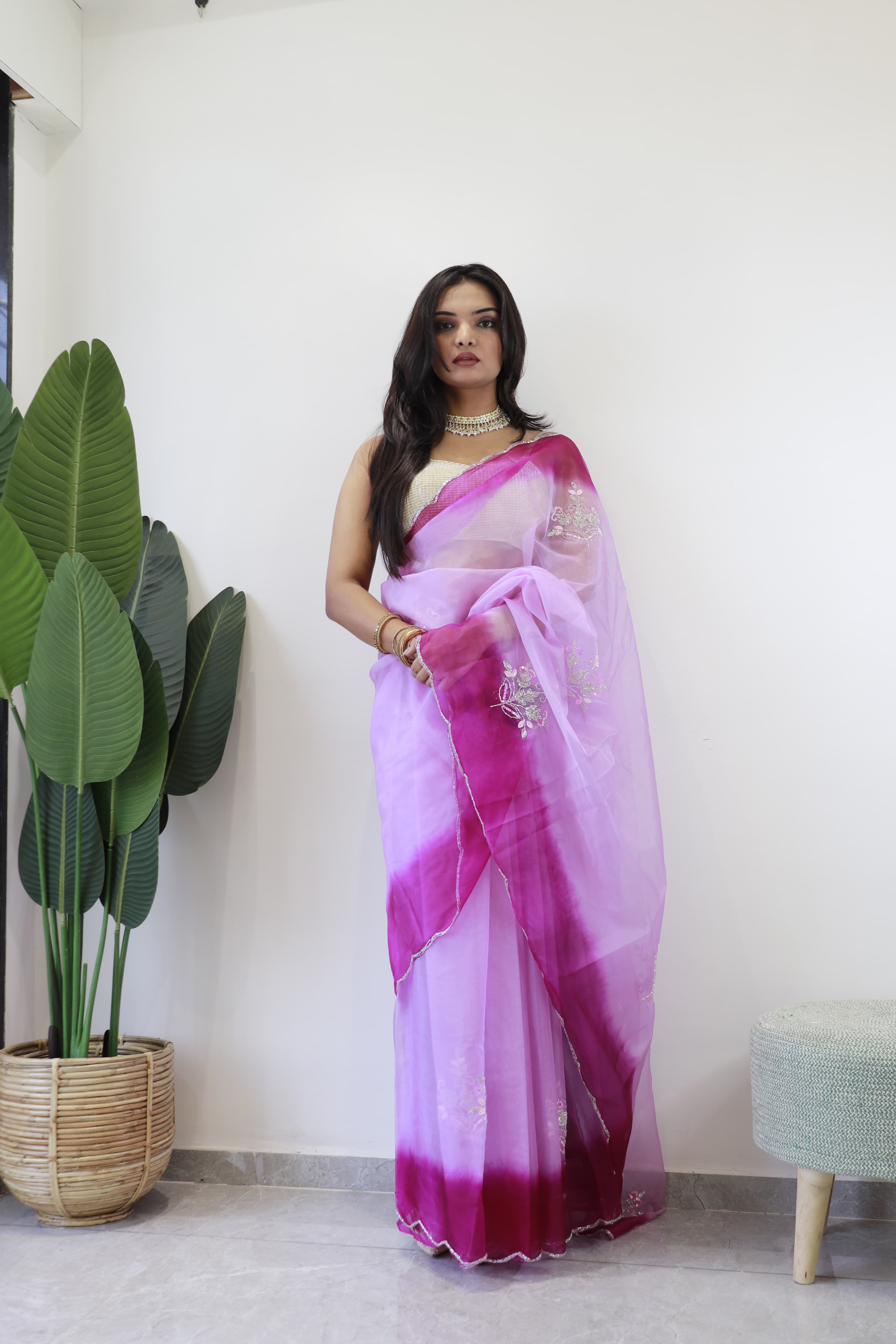 Double Shade Organza Silk Wine Color Saree