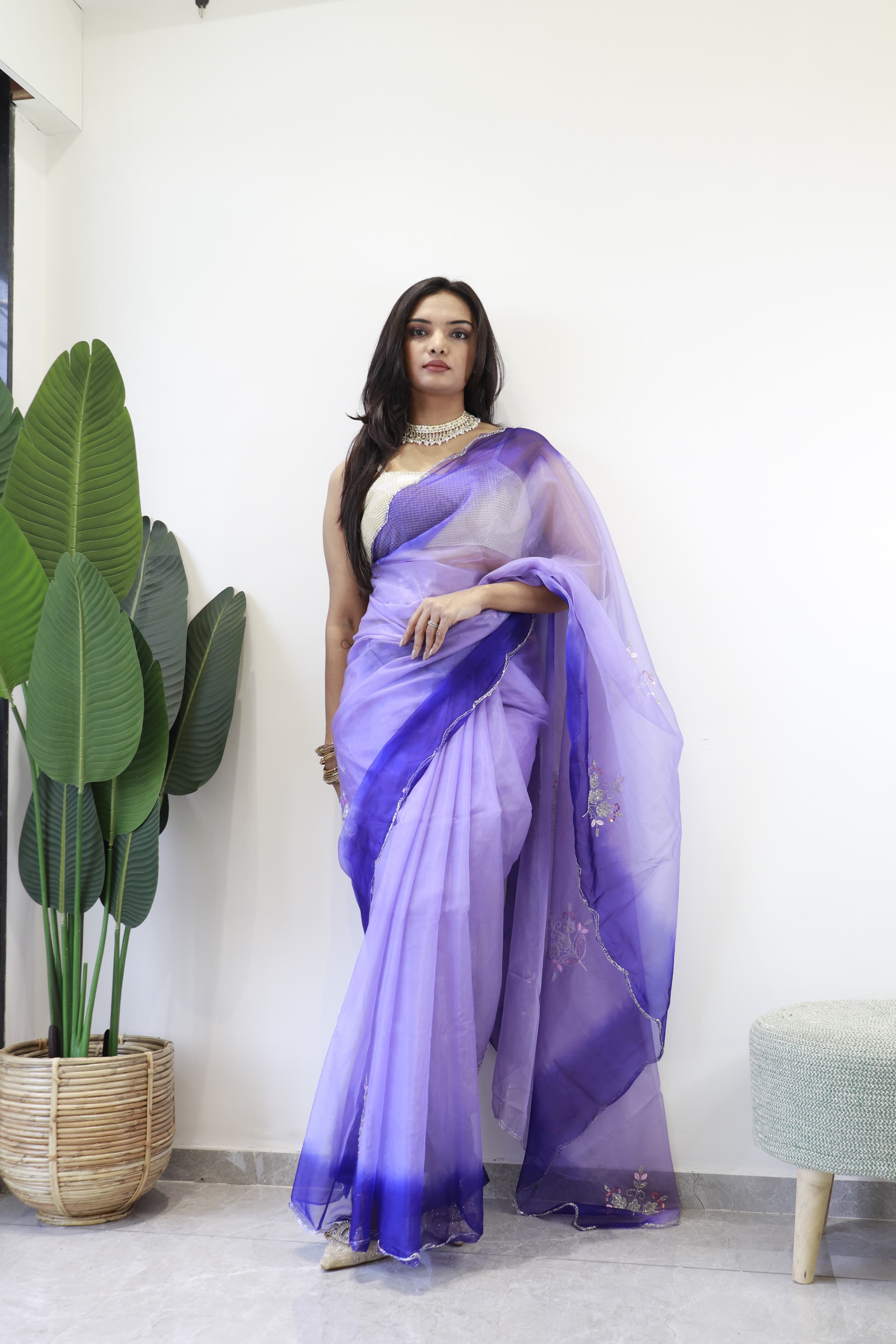 Double Shade Organza Silk Purple Color Saree