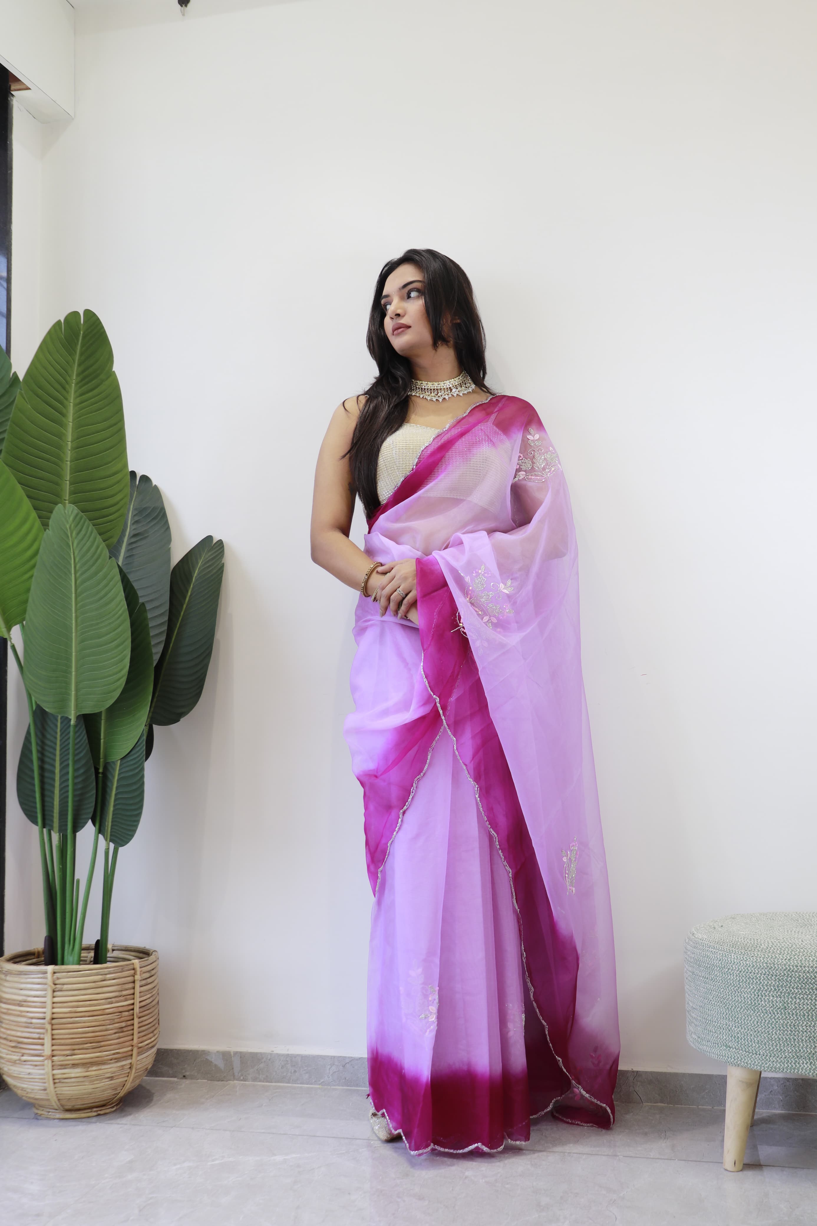 Double Shade Organza Silk Wine Color Saree