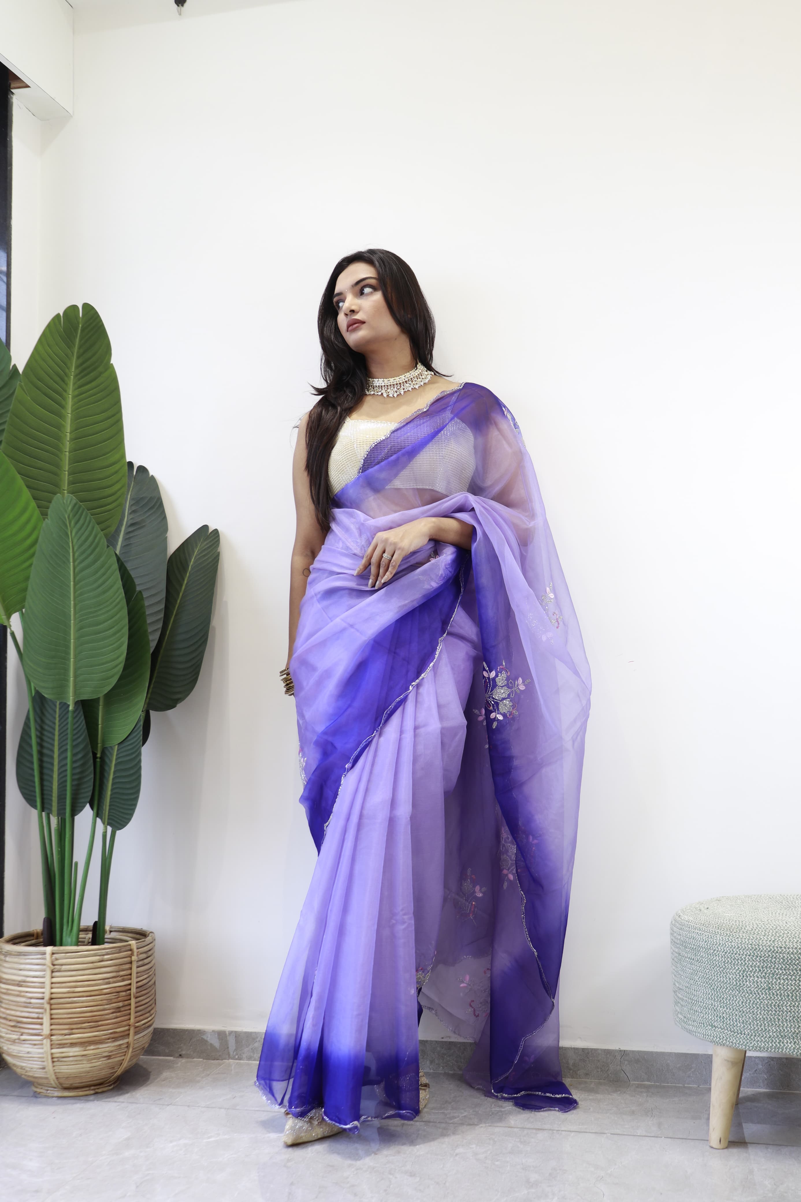 Double Shade Organza Silk Purple Color Saree