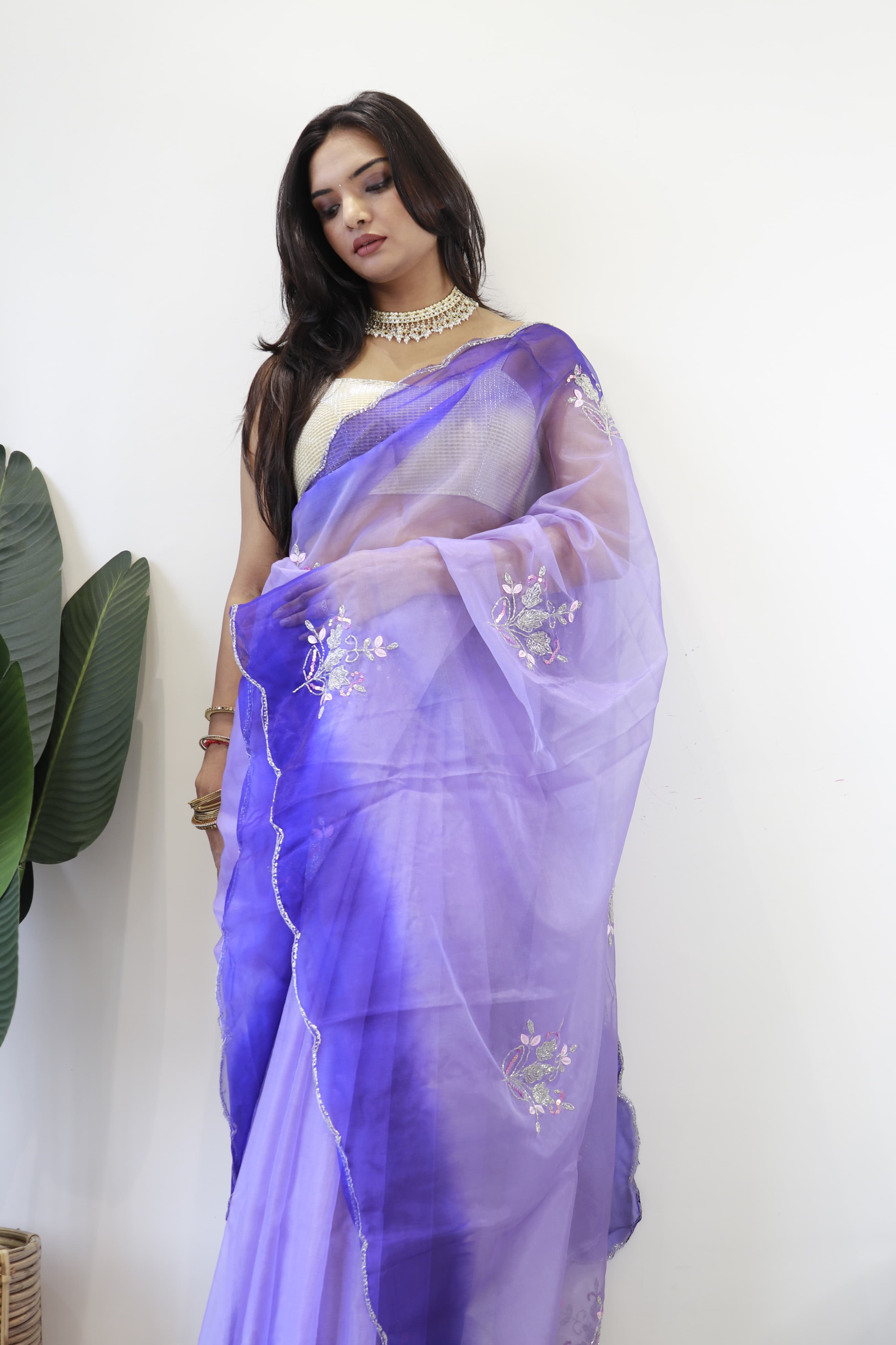 Double Shade Organza Silk Purple Color Saree