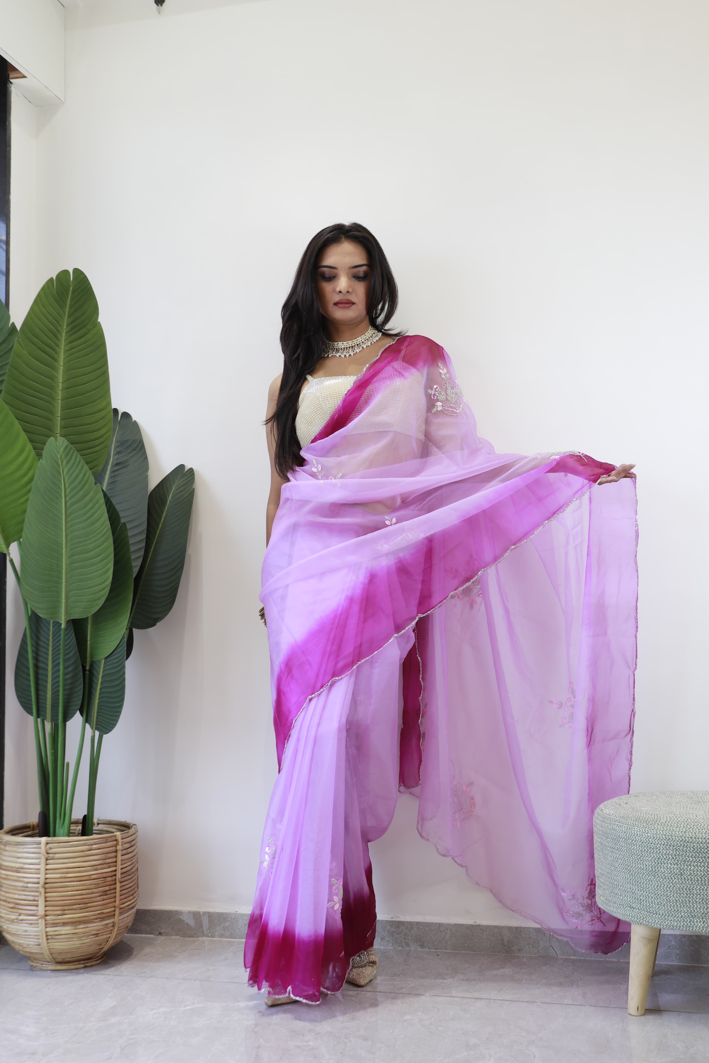 Double Shade Organza Silk Wine Color Saree