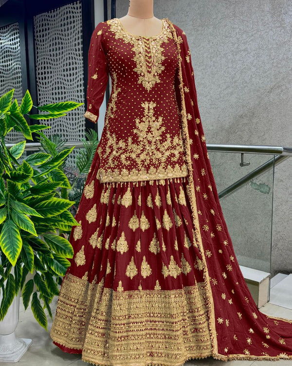 Red Color Ceremony Wear Embroidery Work Lehenga With Top
