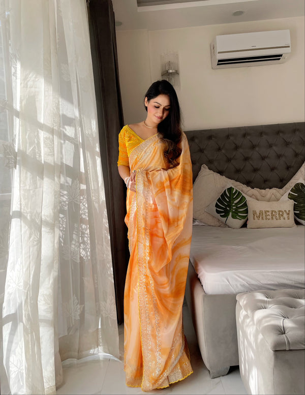 Mustard Amazing Embroidery Work Printed Saree With Work Blouse