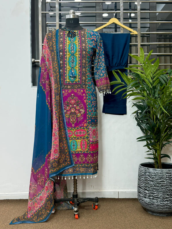 Stunning Blue Georgette Digital Printed Mirror Handwork Salwar Suit