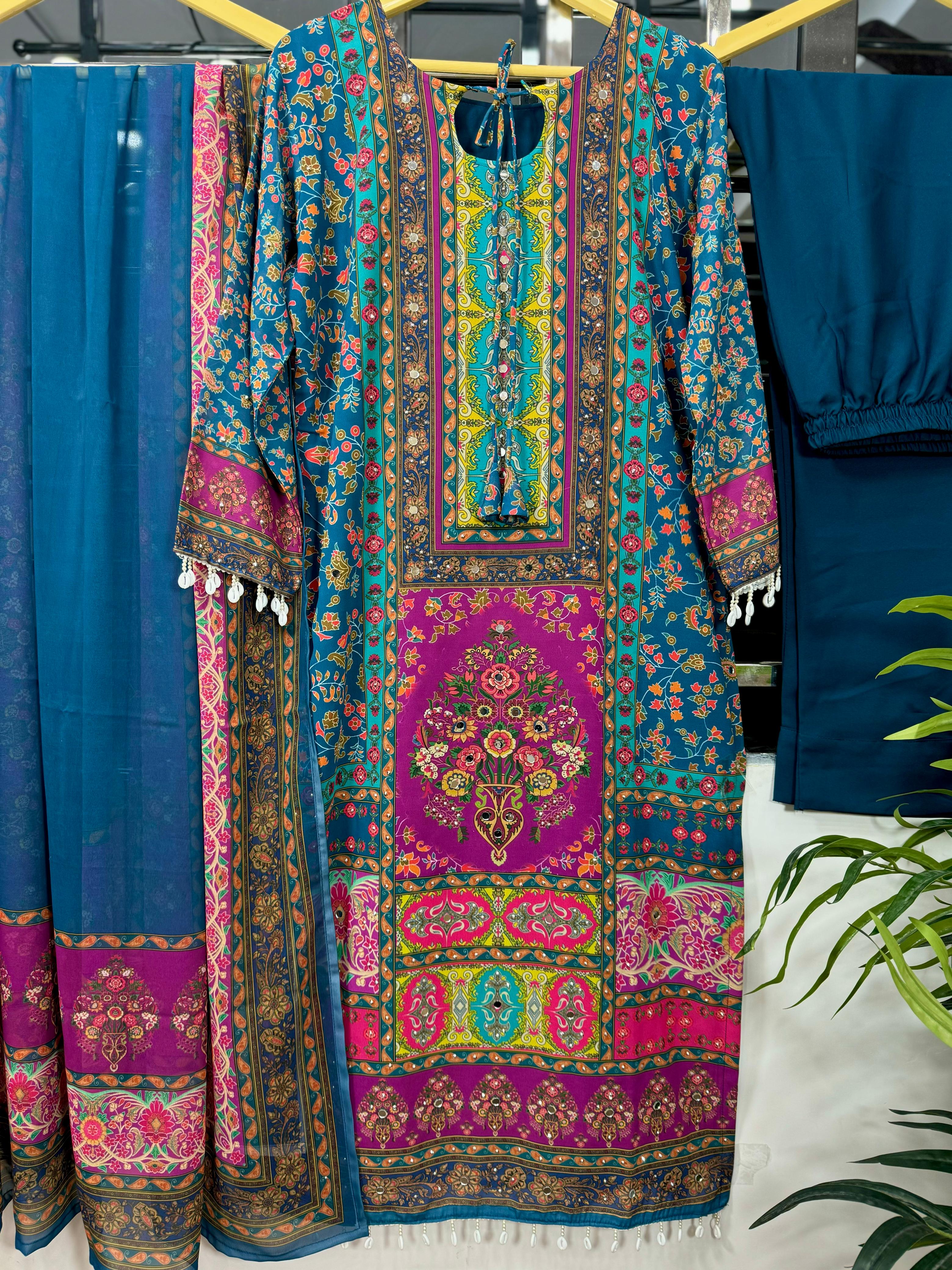 Stunning Blue Georgette Digital Printed Mirror Handwork Salwar Suit