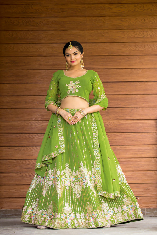 Stunning Sequins Embroidery Work Heavy Fox Georgette Green Color Lehenga Choli with Dupatta Set