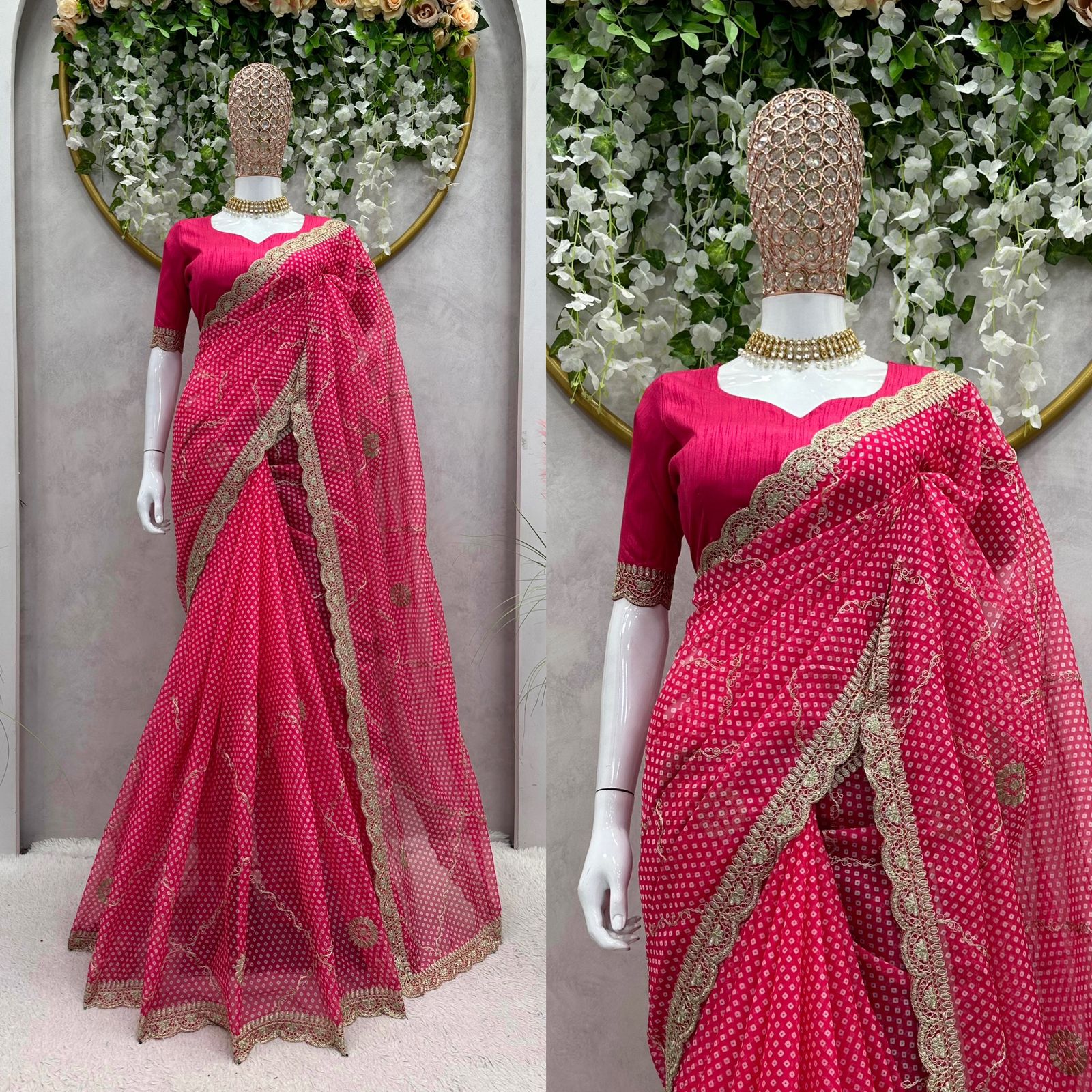 Designer Pink Color Tibby Silk Digital Printing Thread Lace Work Saree