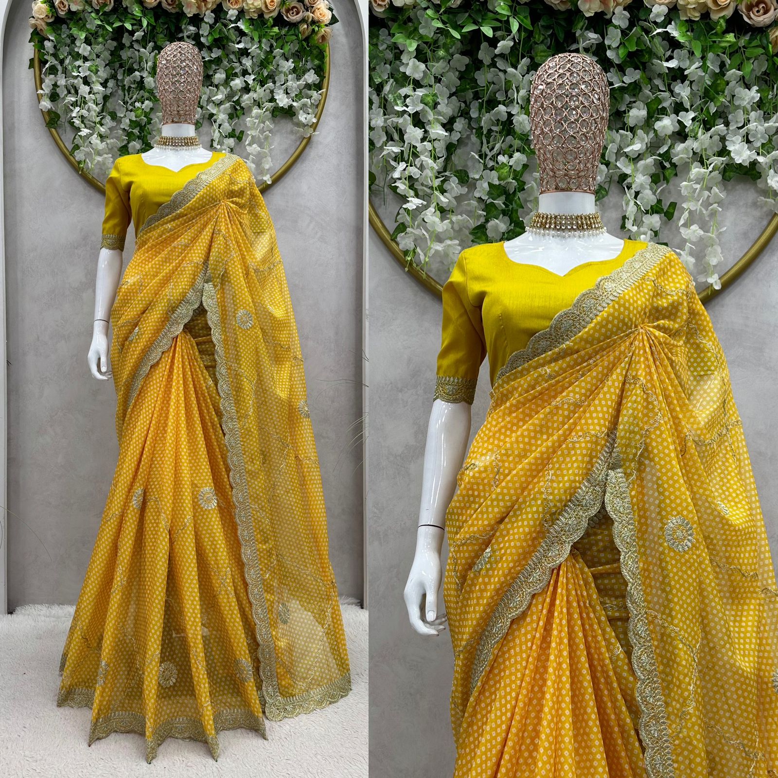 Haldi Special Yellow Color Tibby Silk Digital Printing Thread Lace Work Saree