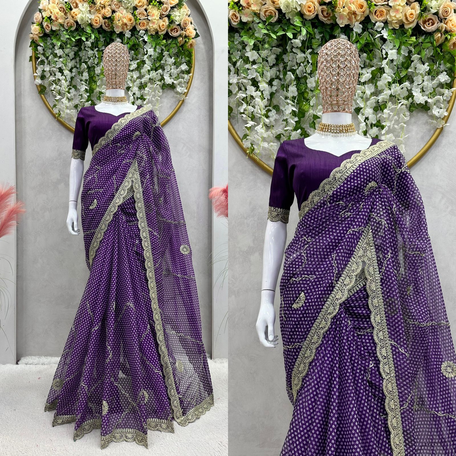 Wedding Wear Purple Color Tibby Silk Digital Printing Thread Lace Work Saree