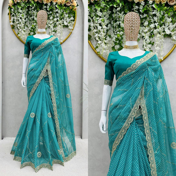 Latest Designer Sea Green Tibby Silk Digital Printed Saree With Blouse