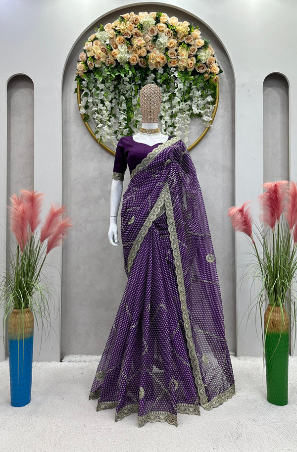 Wedding Wear Purple Color Tibby Silk Digital Printing Thread Lace Work Saree