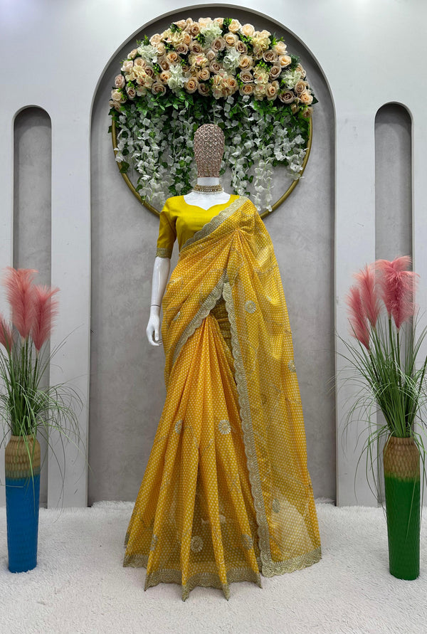 Haldi Special Yellow Color Tibby Silk Digital Printing Thread Lace Work Saree