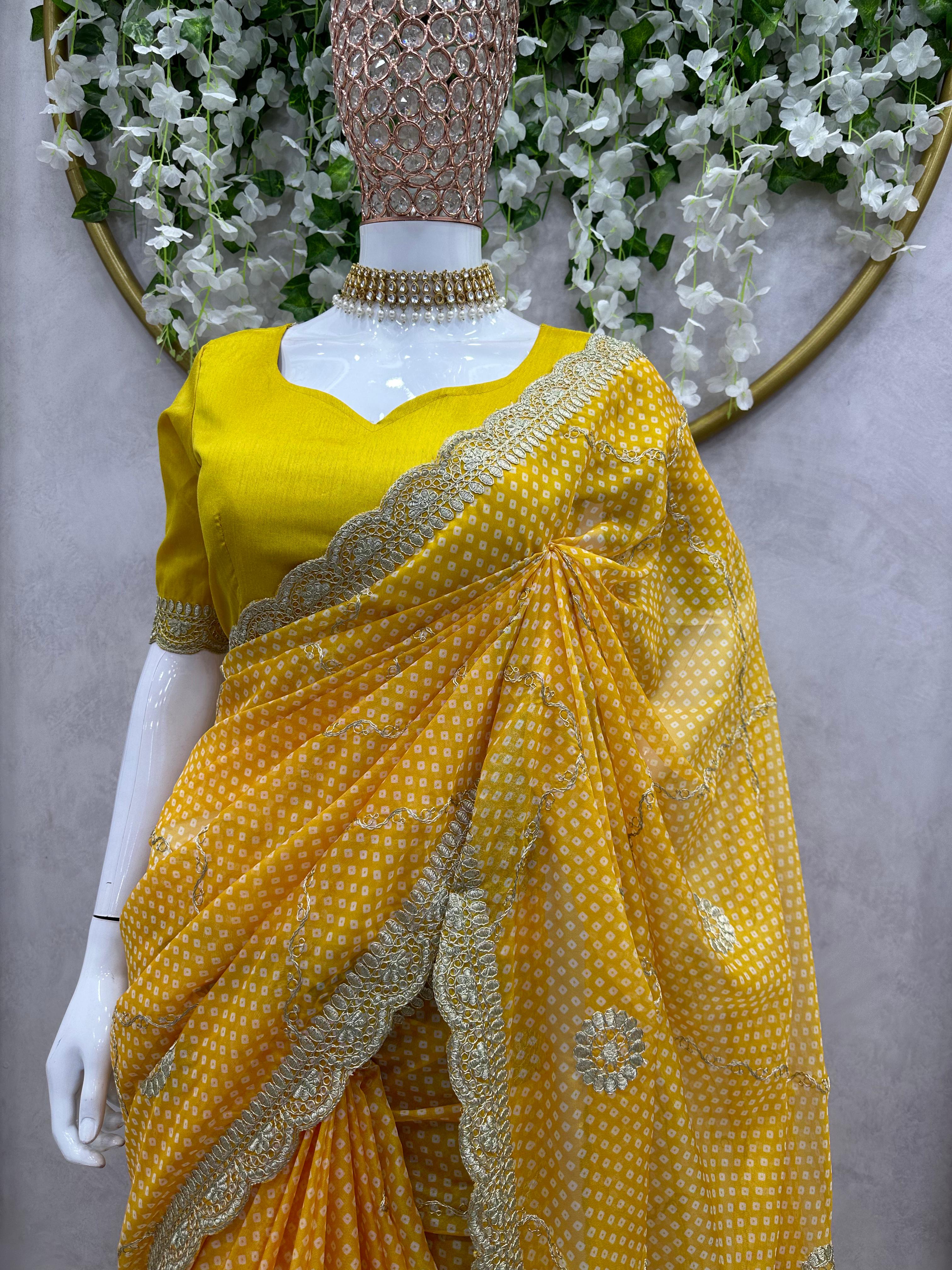 Haldi Special Yellow Color Tibby Silk Digital Printing Thread Lace Work Saree