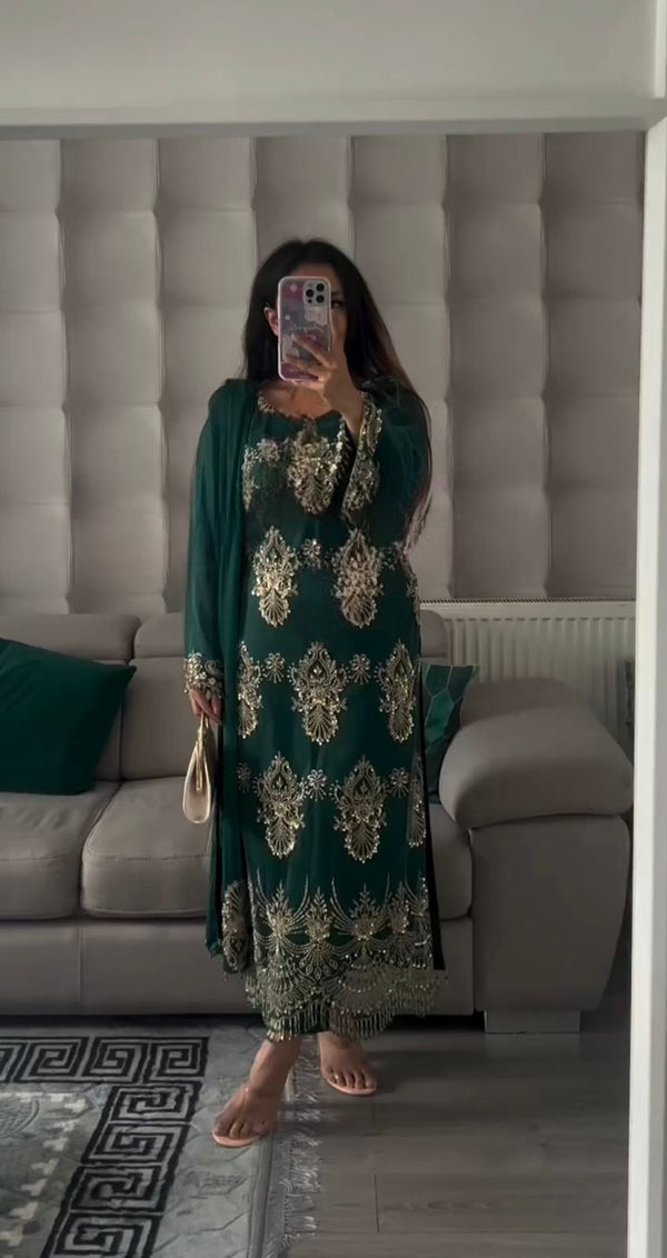 Monsoon Special Presenting Designer Party Wear Green Color Long Pakistani Suit In Fancy Style