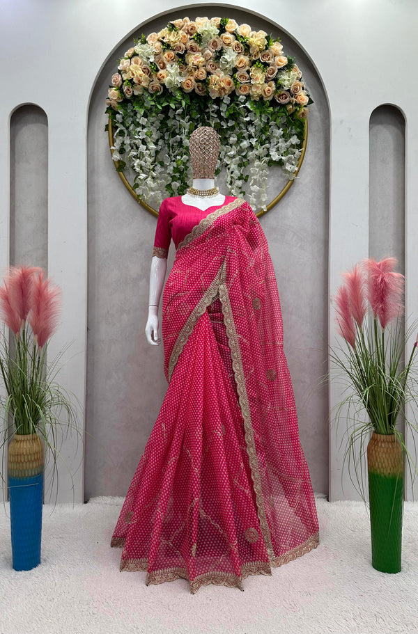 Designer Pink Color Tibby Silk Digital Printing Thread Lace Work Saree
