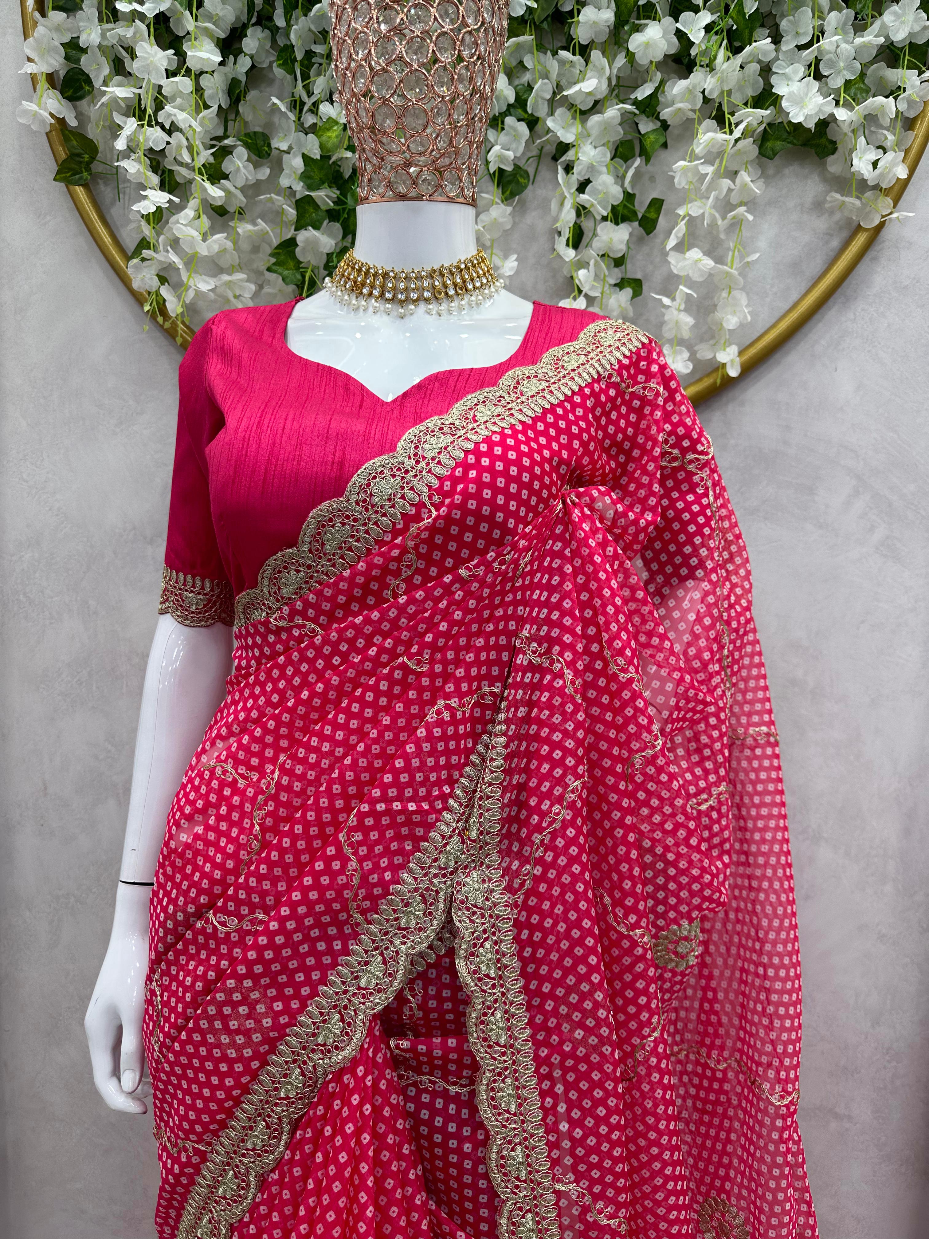 Designer Pink Color Tibby Silk Digital Printing Thread Lace Work Saree