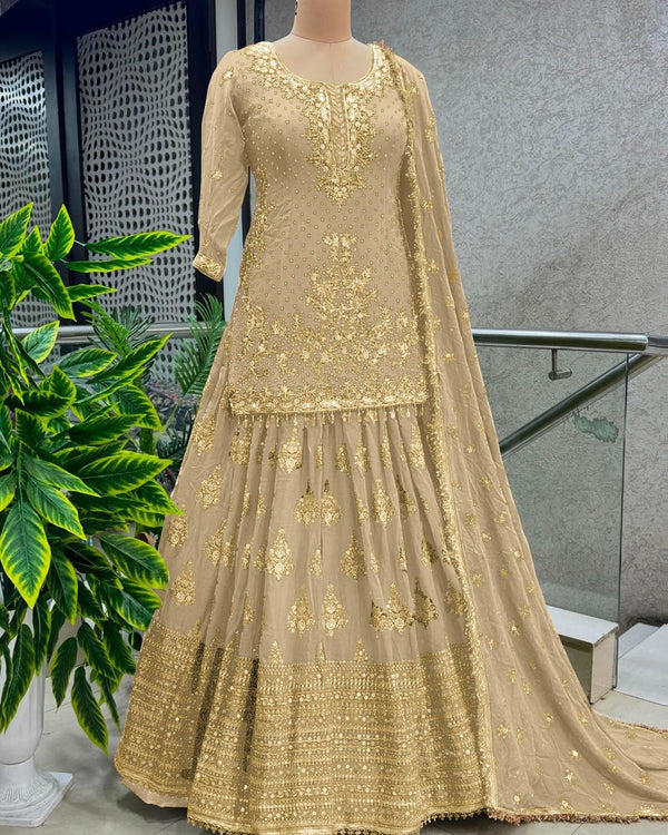 Cream Color Ceremony Wear Embroidery Work Lehenga With Top