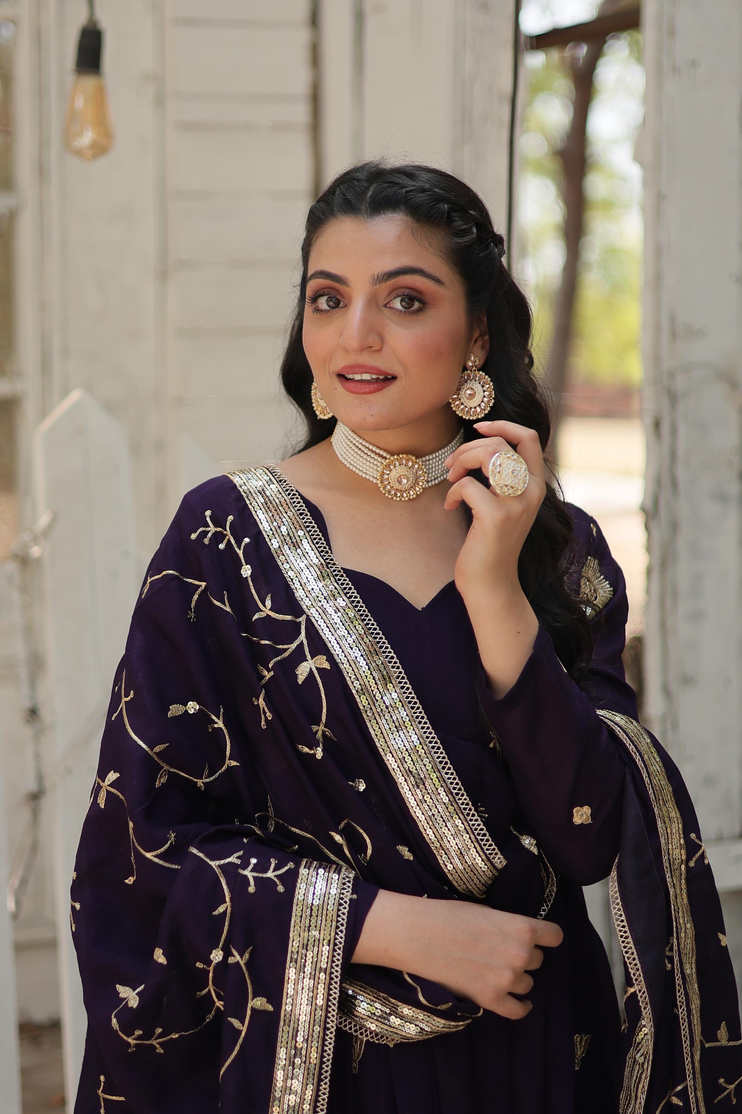 Purple Embroidered Silk Wedding Wear Designer Gown With Dupatta